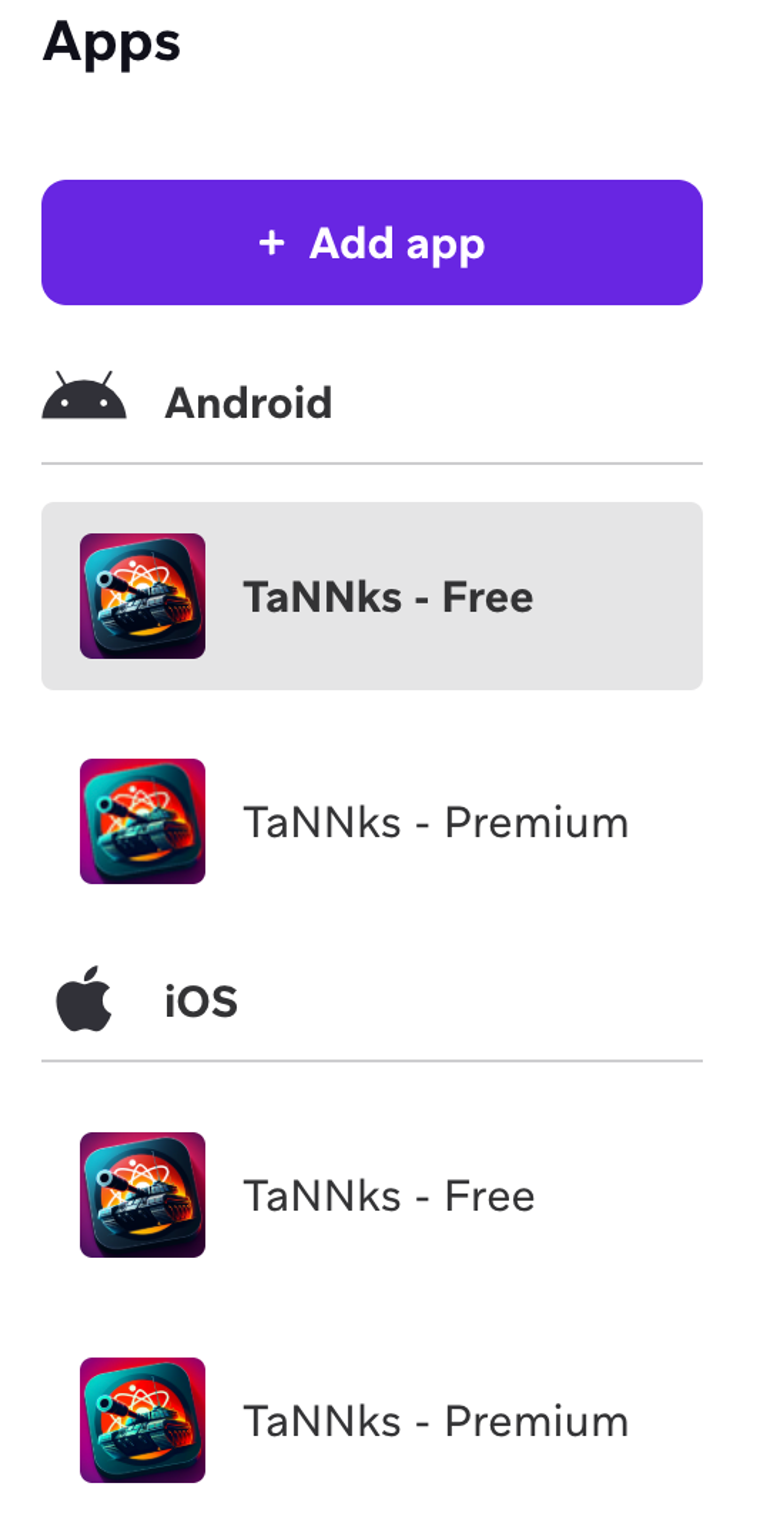 A workspace for the game, TaNNks, is further broken down by free and premium app versions.