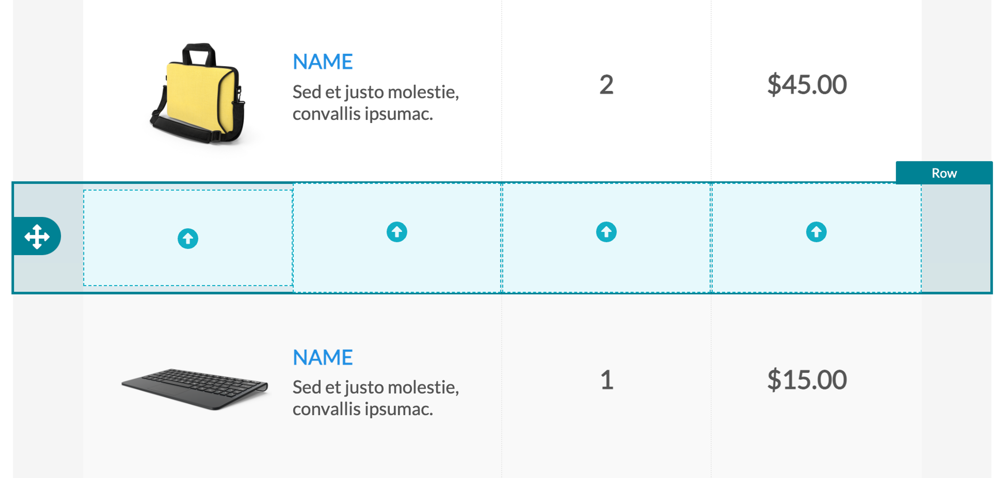 New row between two completed rows showing 4 empty columns