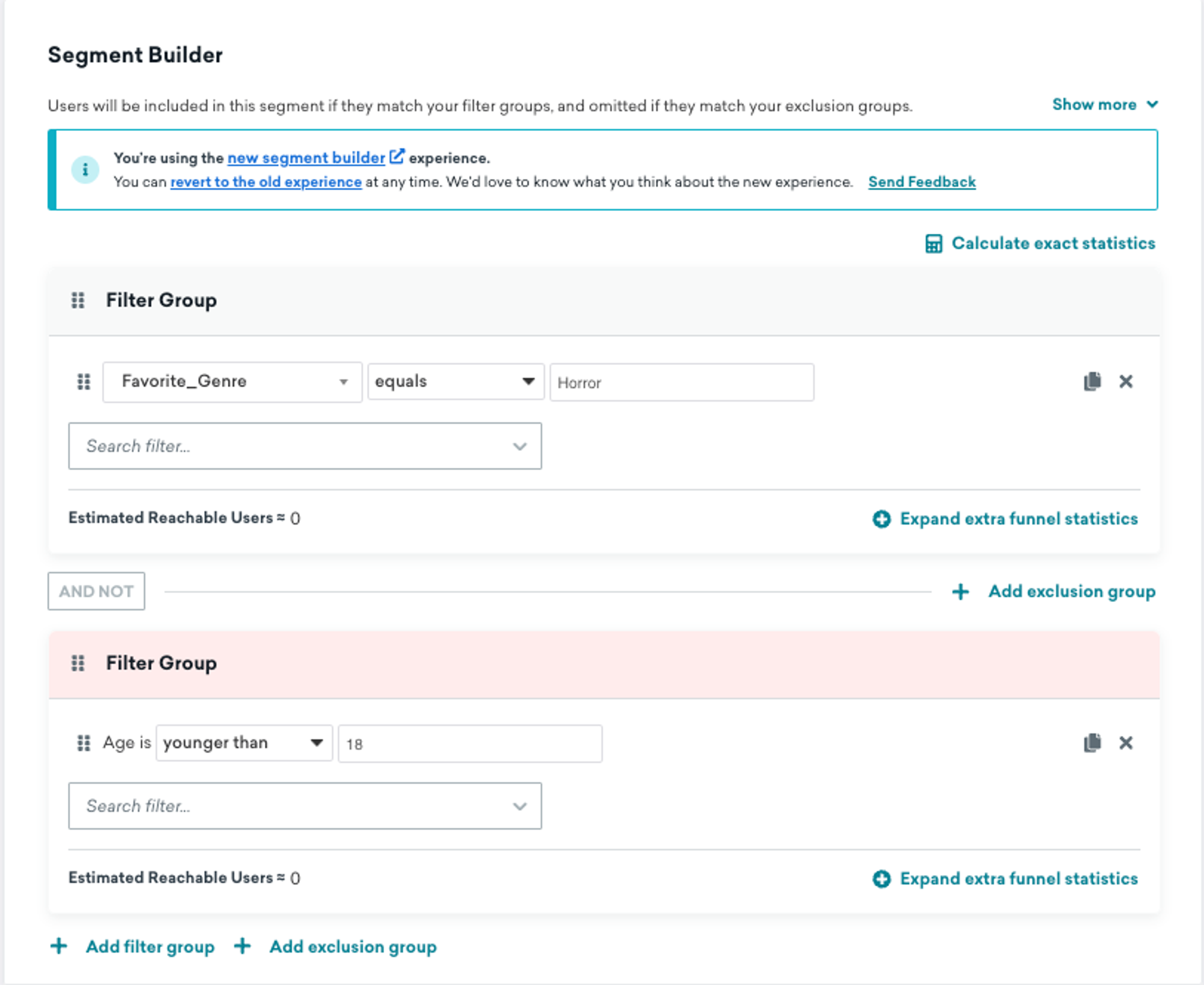 Example of an Exclusion Group in the Segmentation Builder.