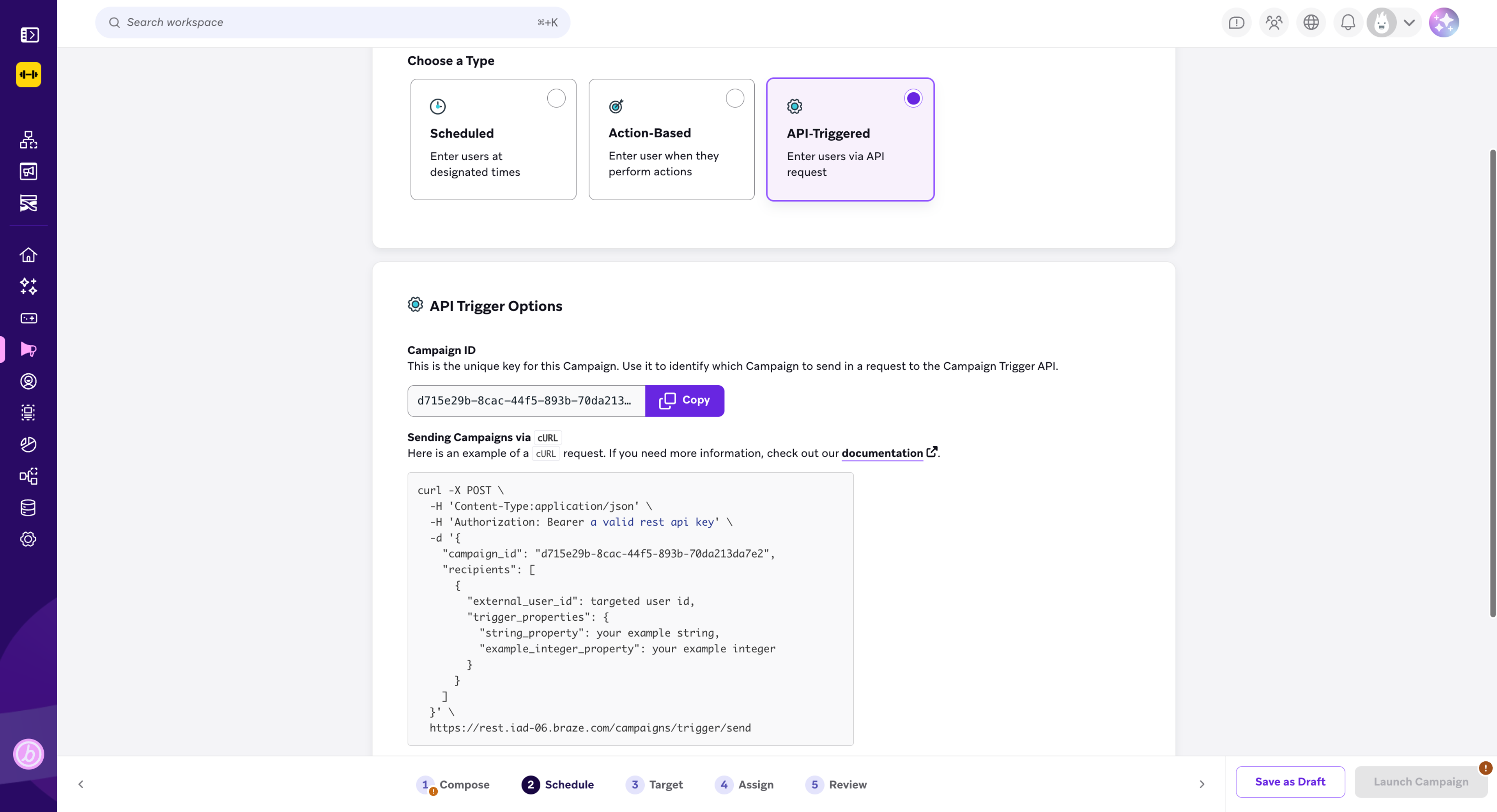 Screen shot of Braze campaign creation screen with API Triggered delivery selected