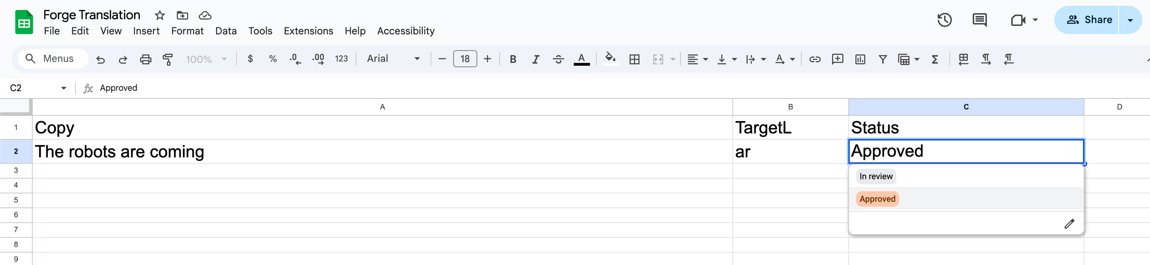 Google sheet with a column for copy, target language, and a status column allowing either "In Review" or "Approved"