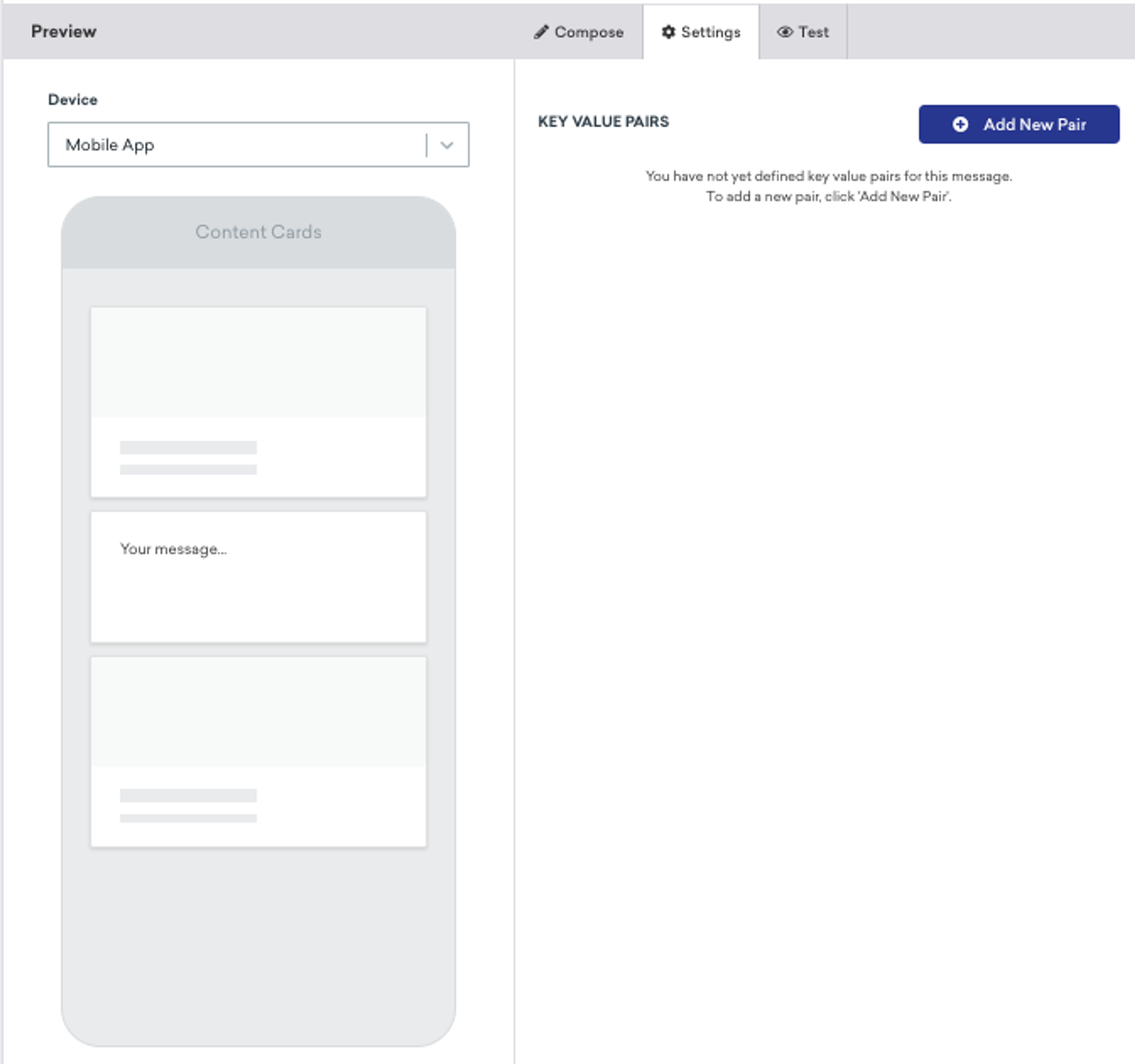 The Braze dashboard displaying the interface where you can add key value pairs to your Content Cards