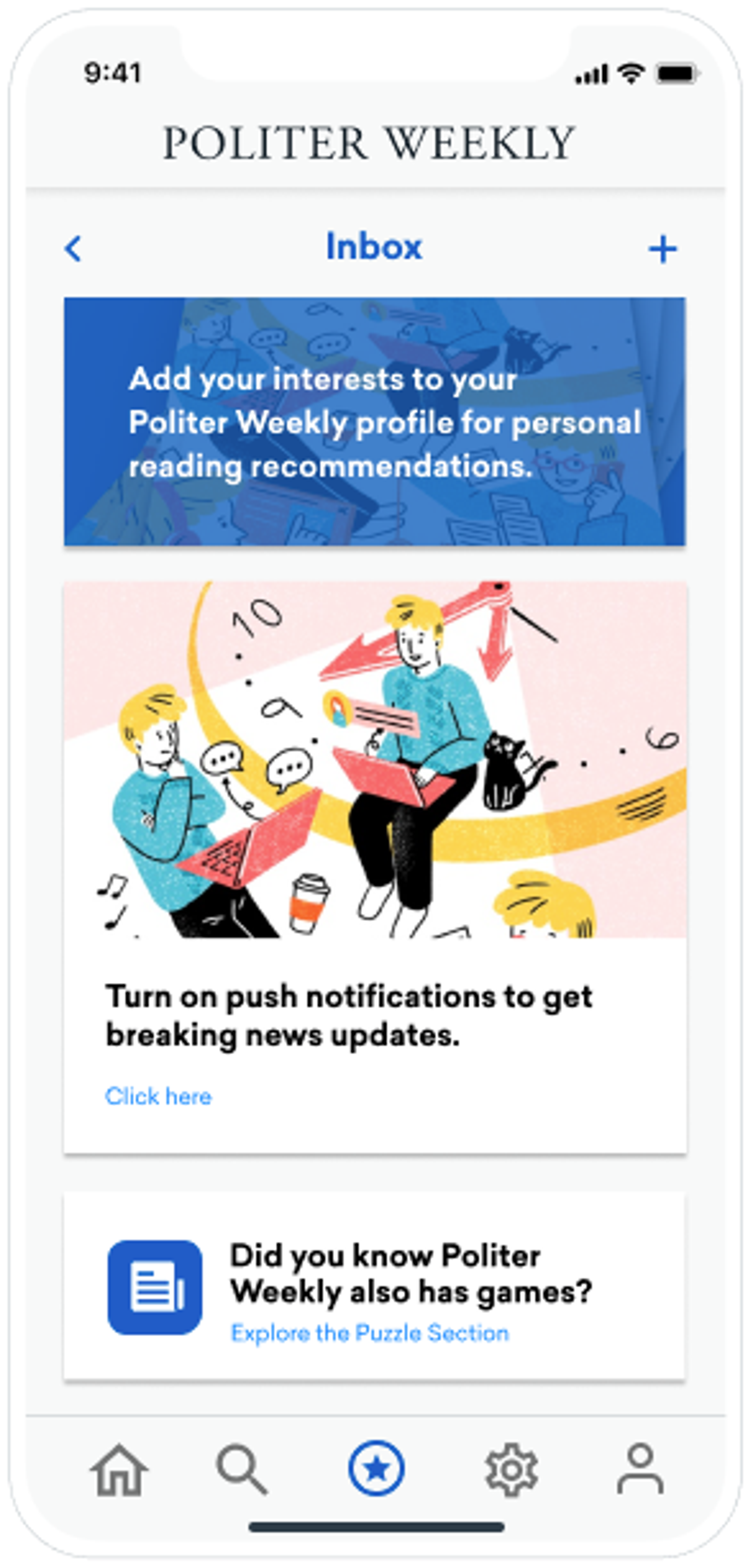 A fictional news publication, Politer Weekly, showcasing a Content Card displayed within a message inbox