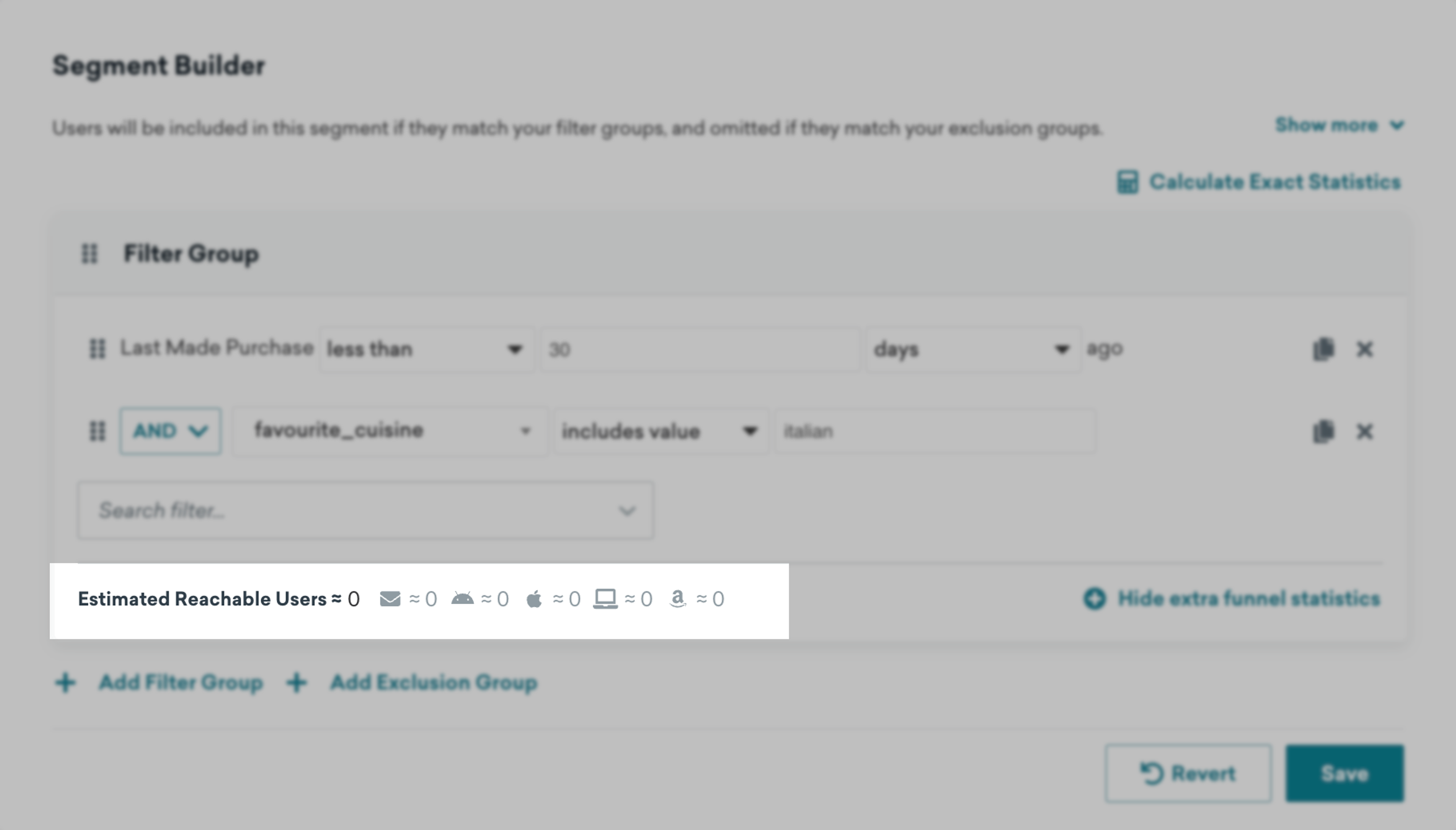 A close up of expanded funnel statistics for a filter group.