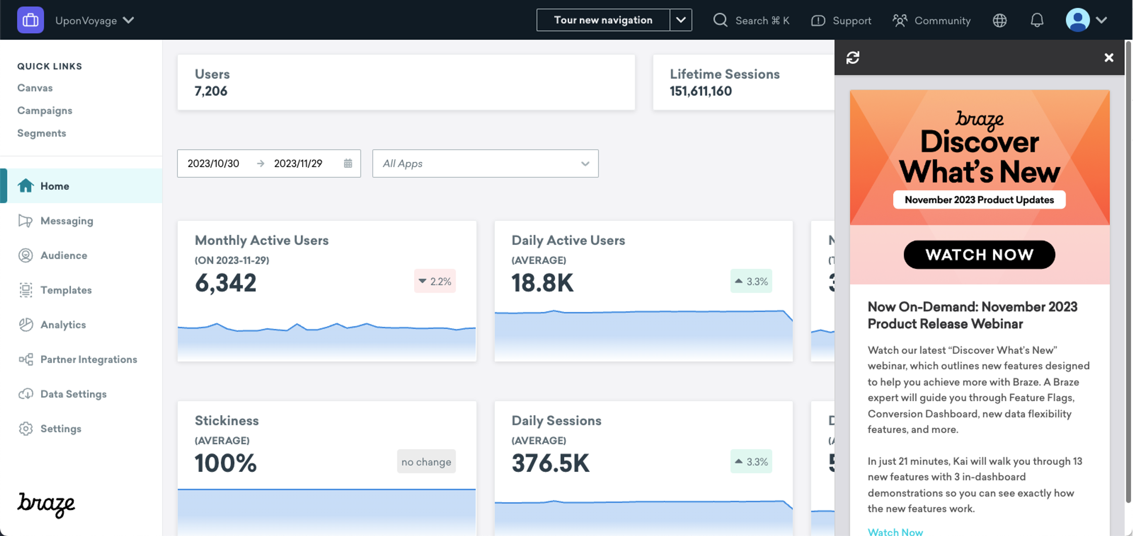 Braze dashboard showing default Content Card placement.