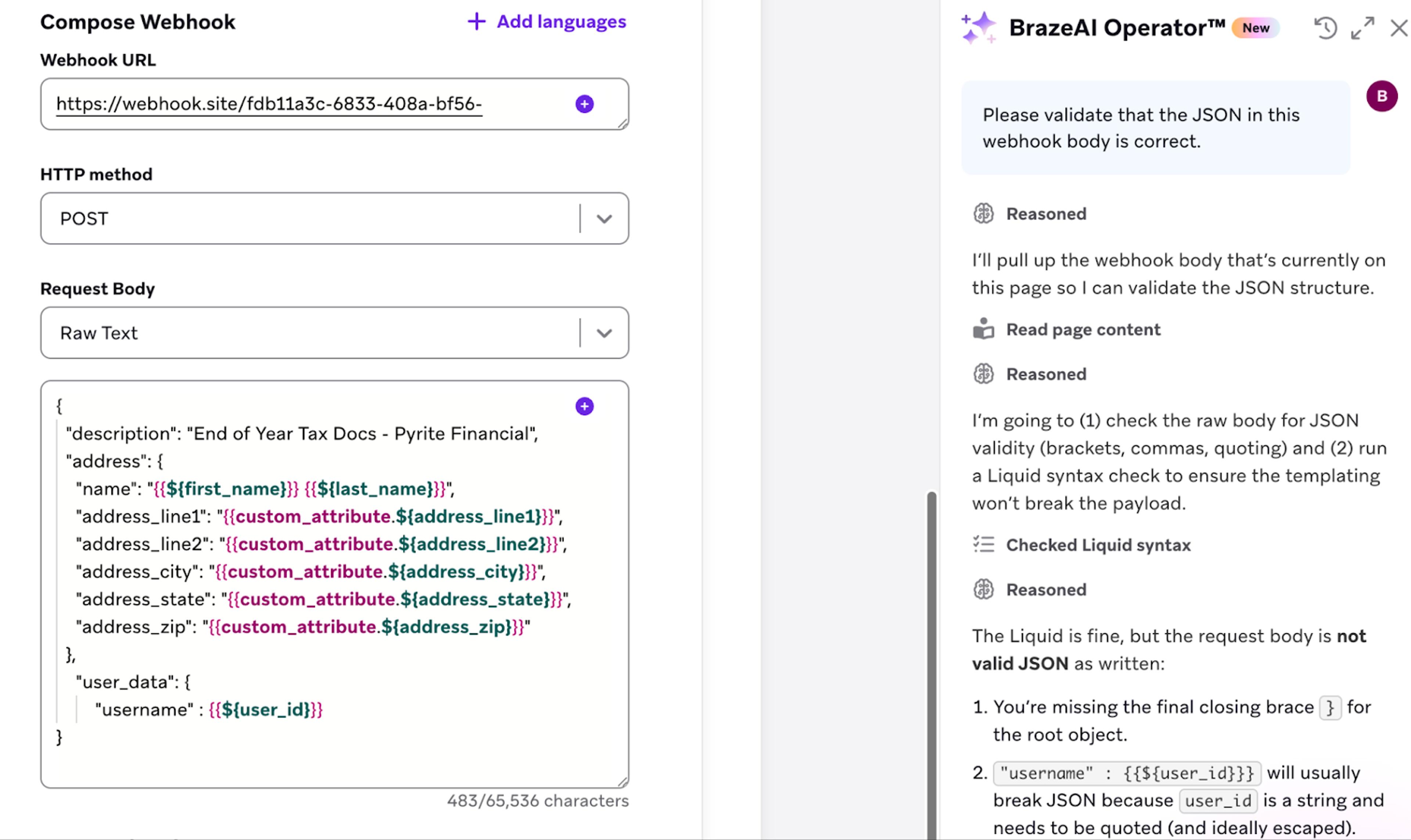 BrazeAI Operator helping a user validate their JSON.