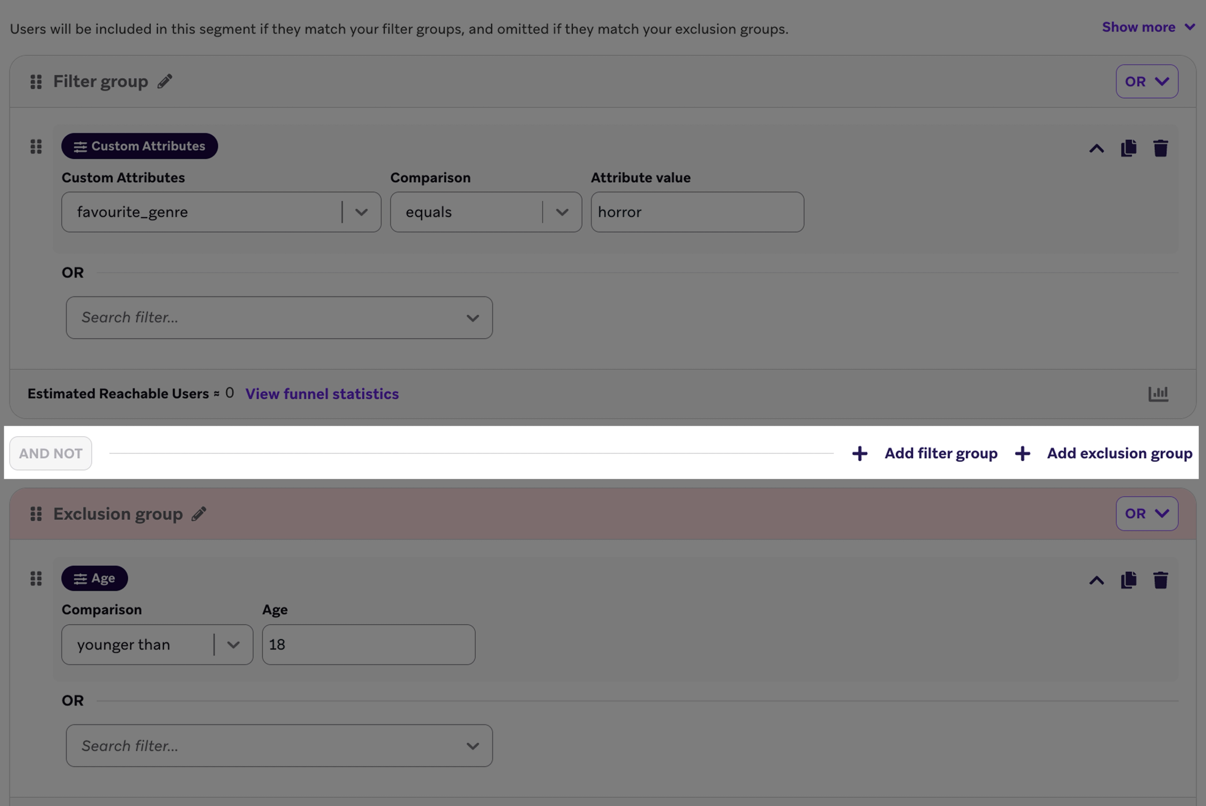 A close up of the "Add exclusion group" button and the auto-populated AND NOT operator.