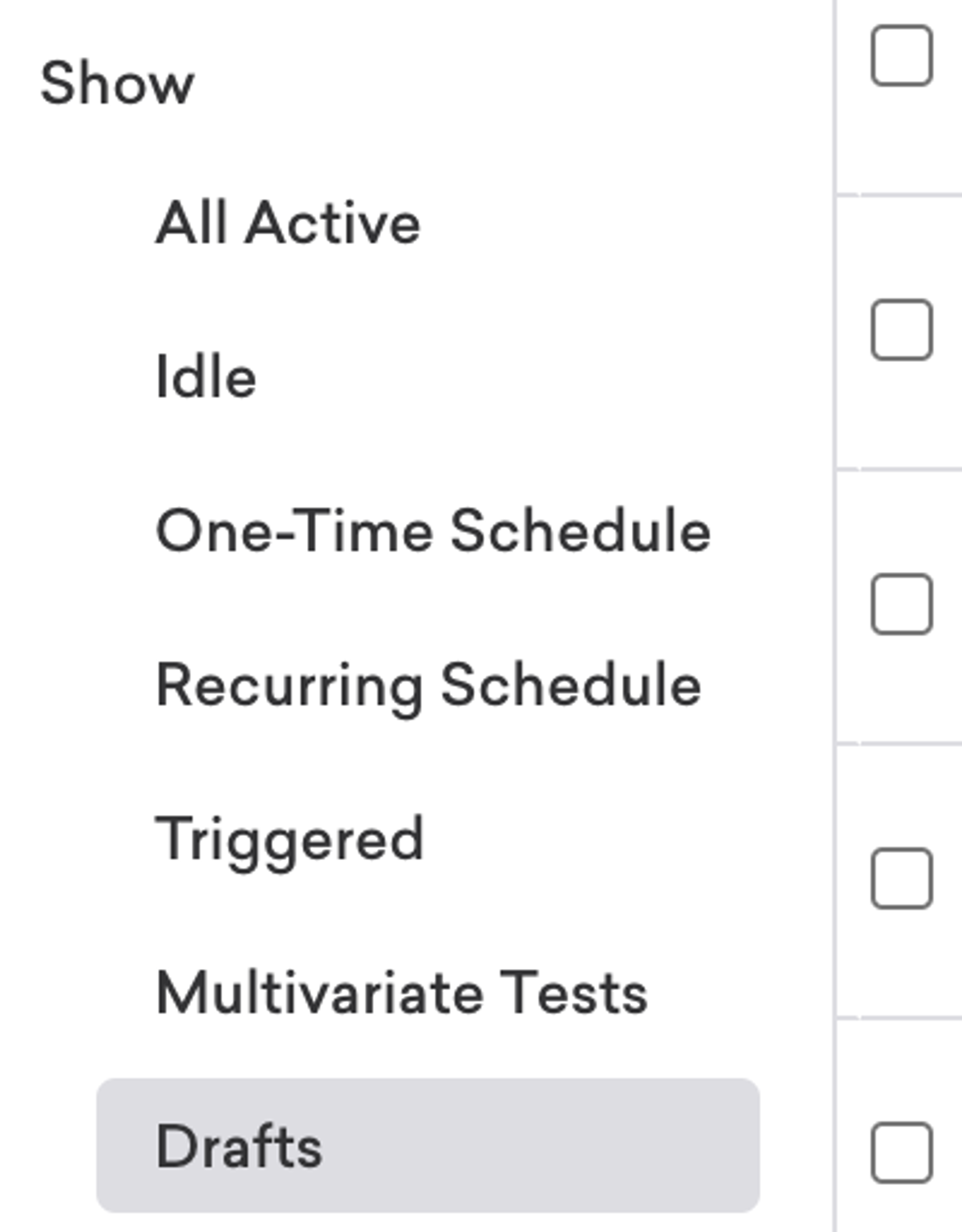 Menu de filtros com rascunhos destacados.
