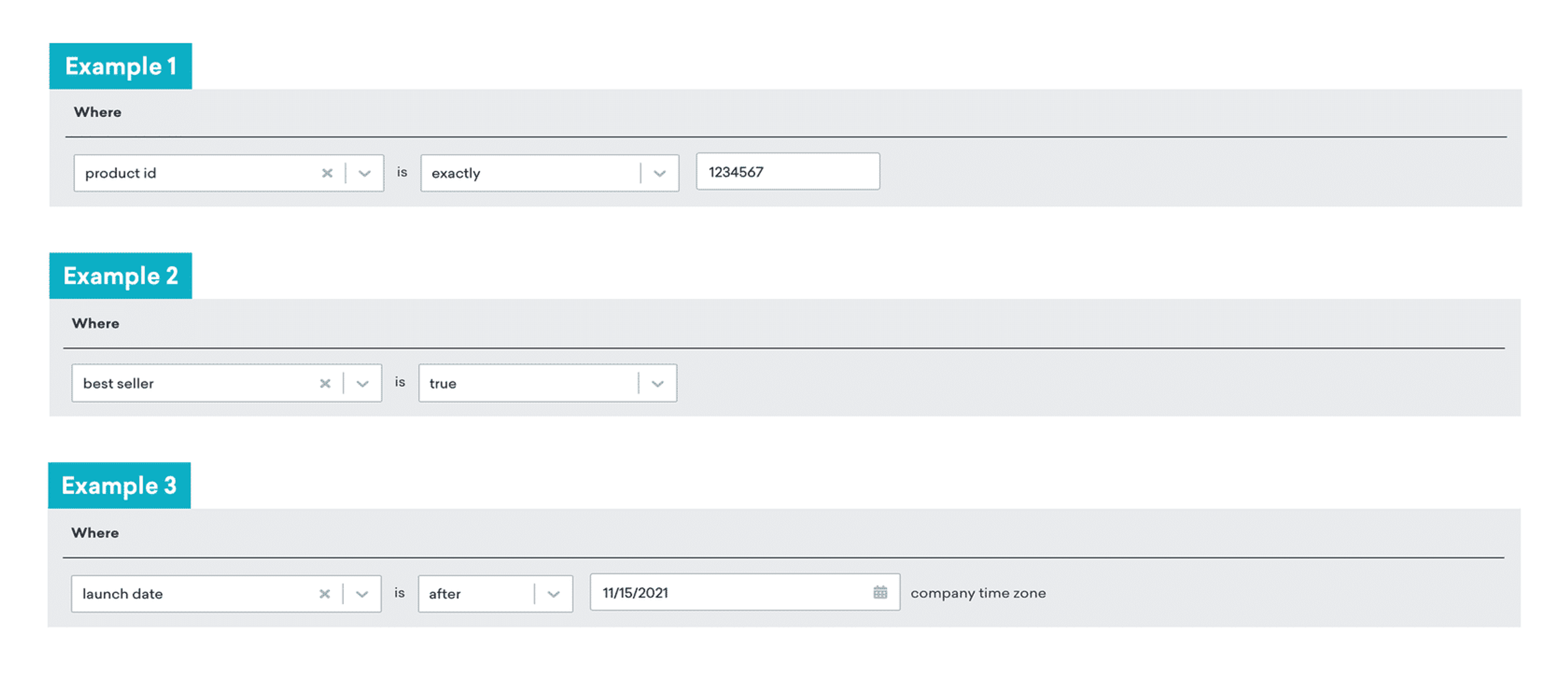 three example filters are shown with drop-down menus