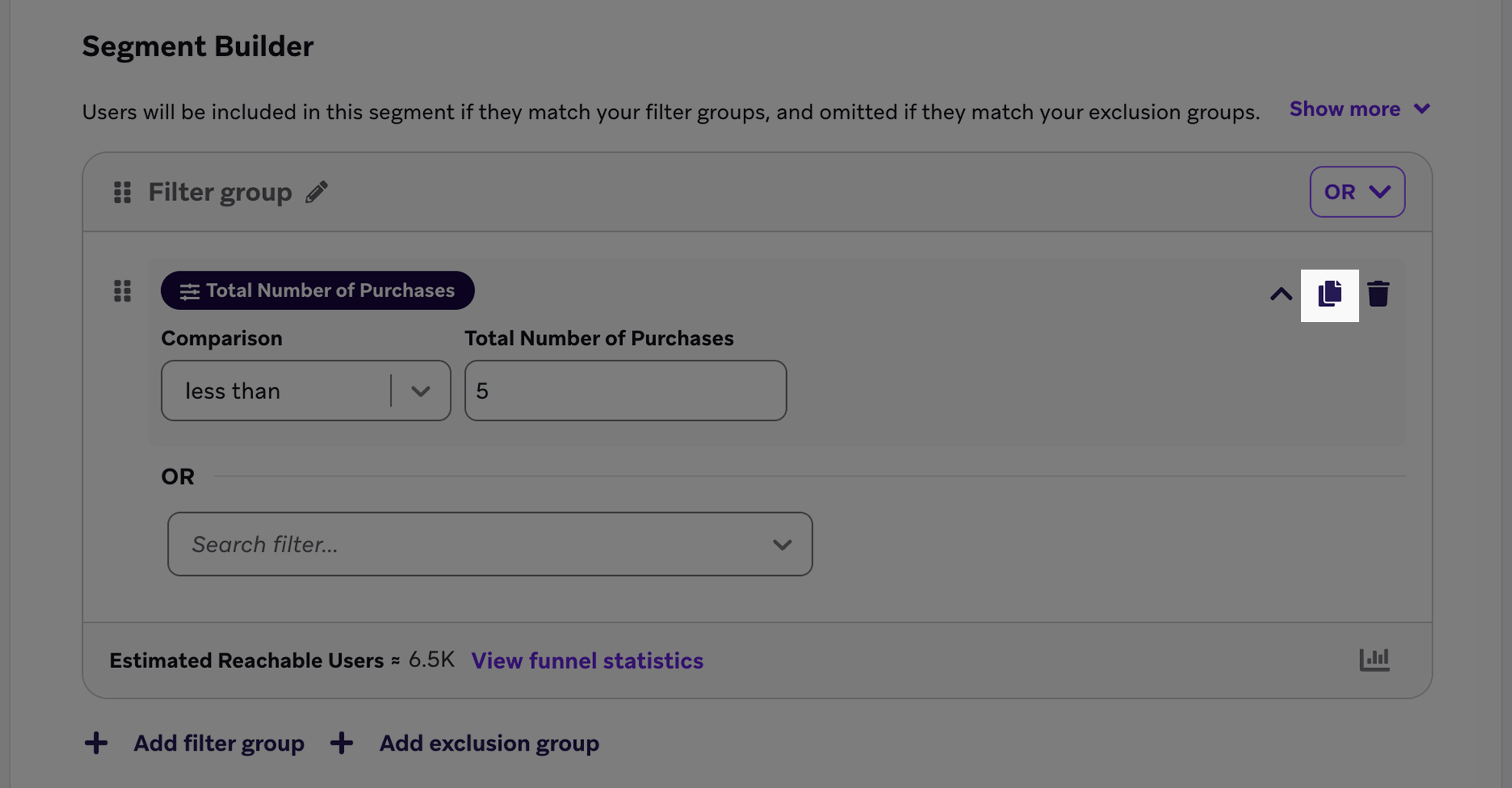 A close up of the duplicate and delete filter icons.