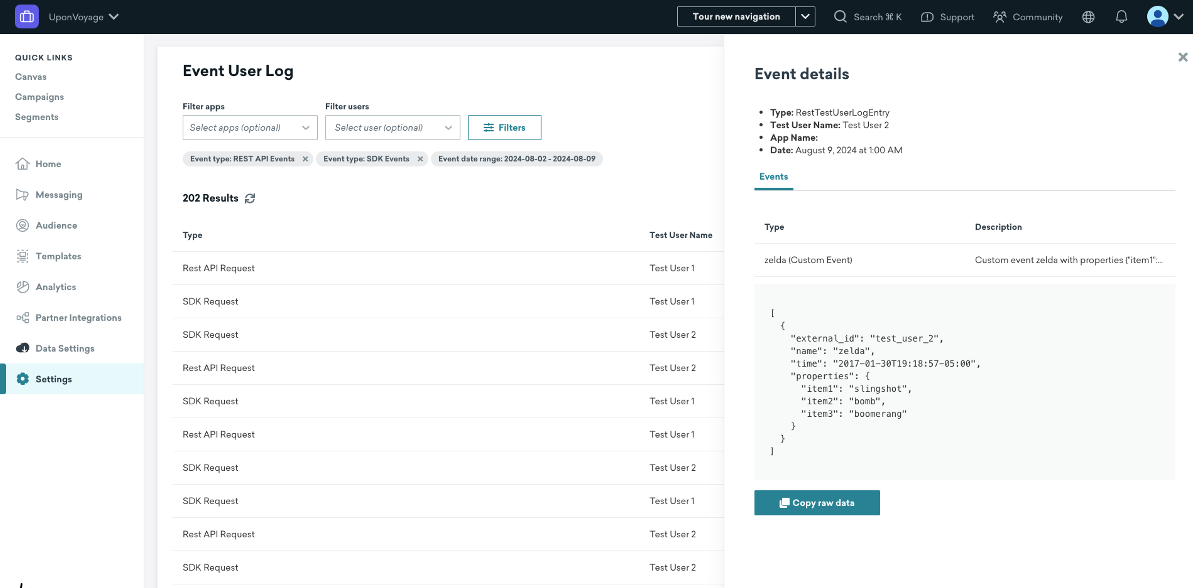 Event details are displayed for a specific test event within the Event User Log page.