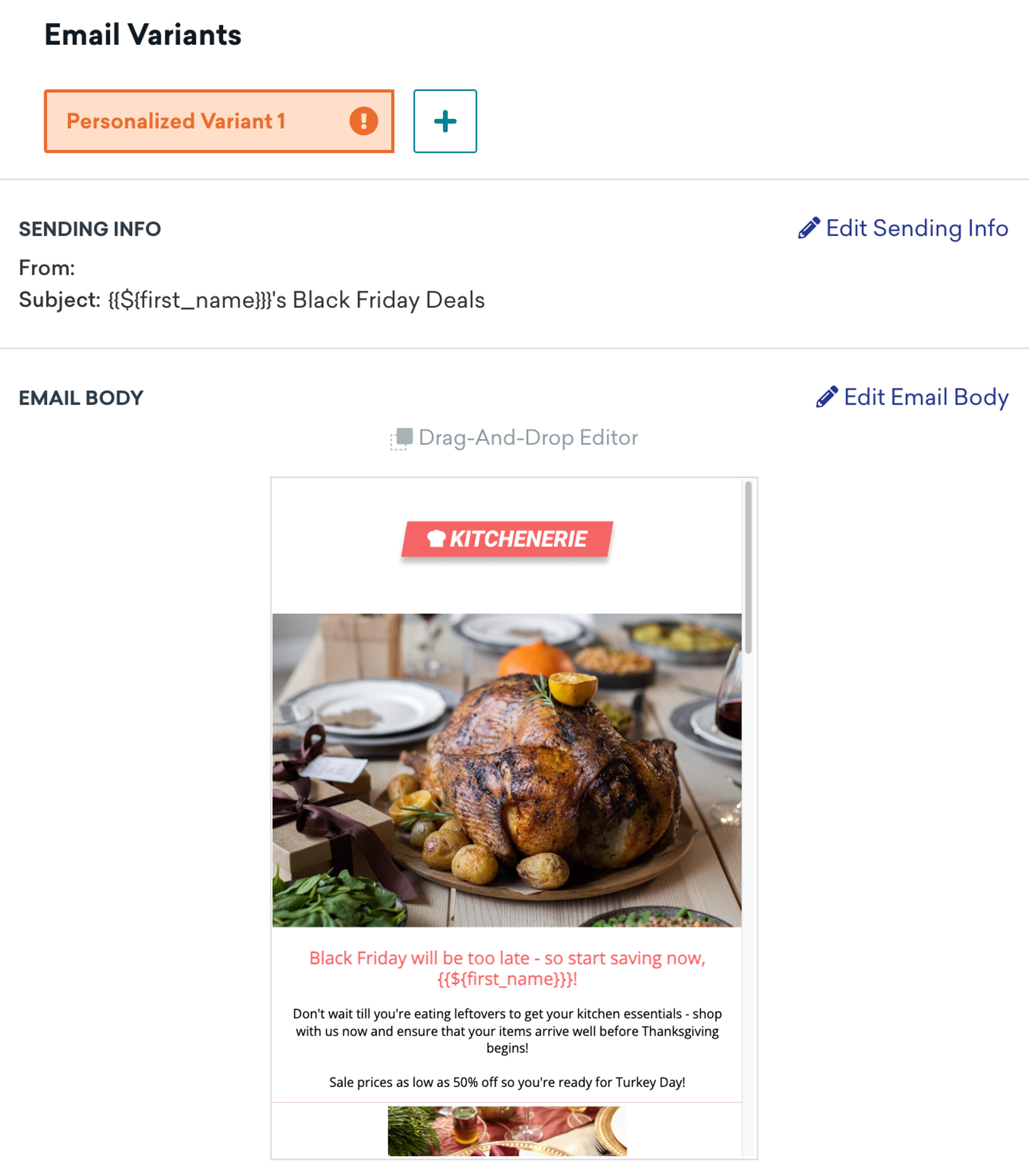 블랙 프라이데이 이메일을 보여주는 캠페인 편집 화면.