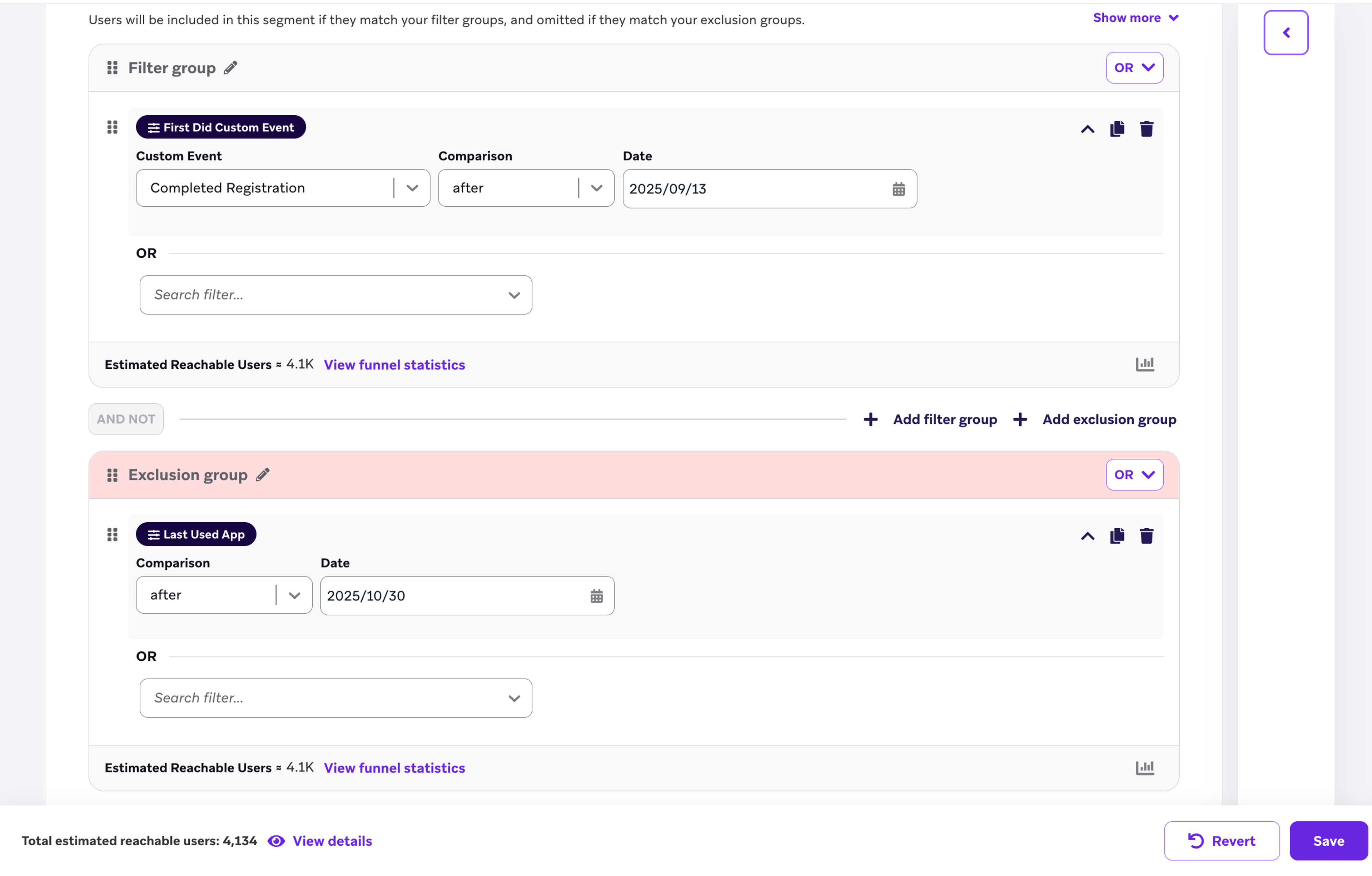 Example of the estimated number of reachable users who are targeted by this segment after excluded users are removed.