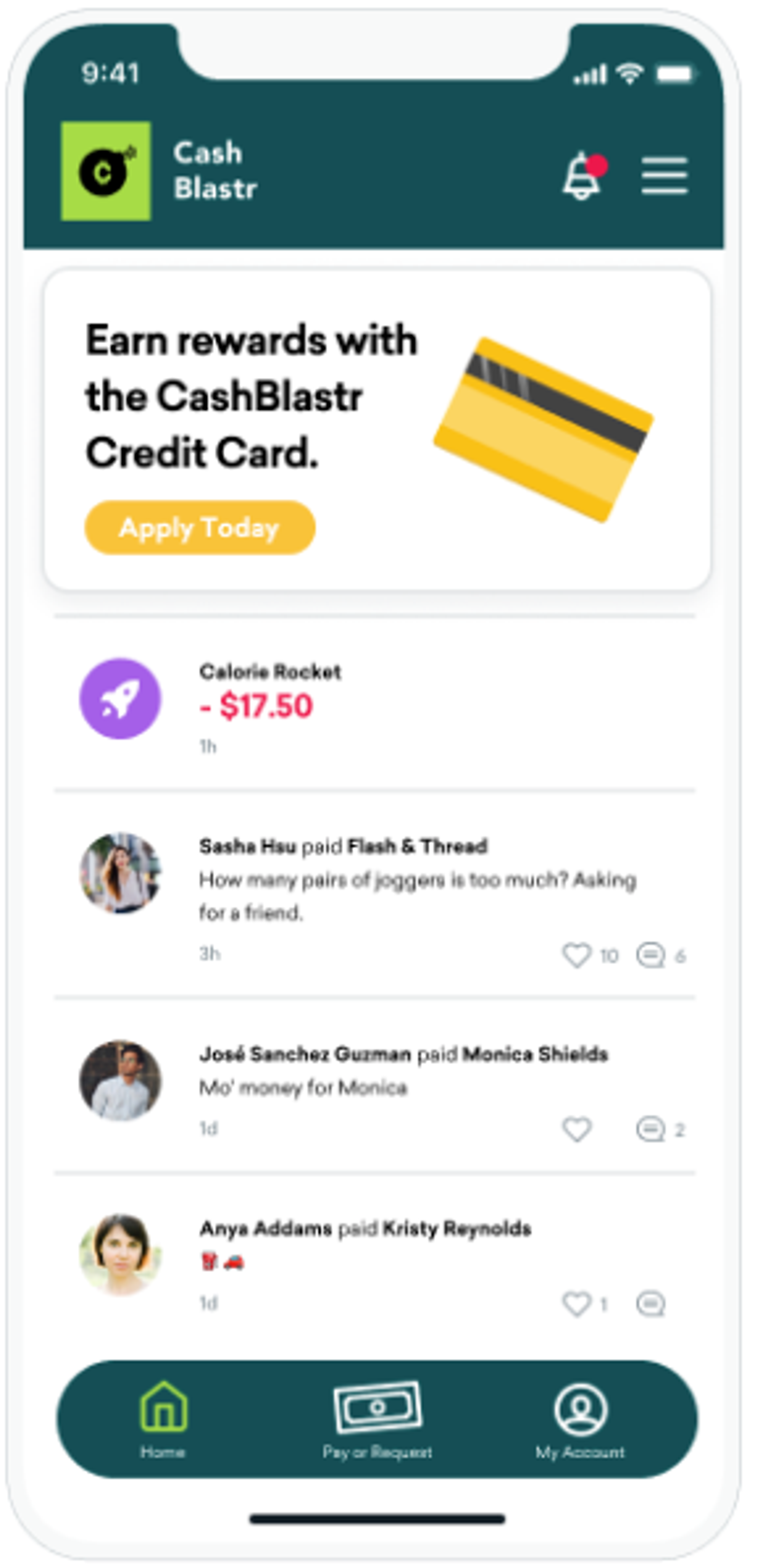 A fictional finance app, Cash Blastr, showcasing a Content Card displayed as a banner