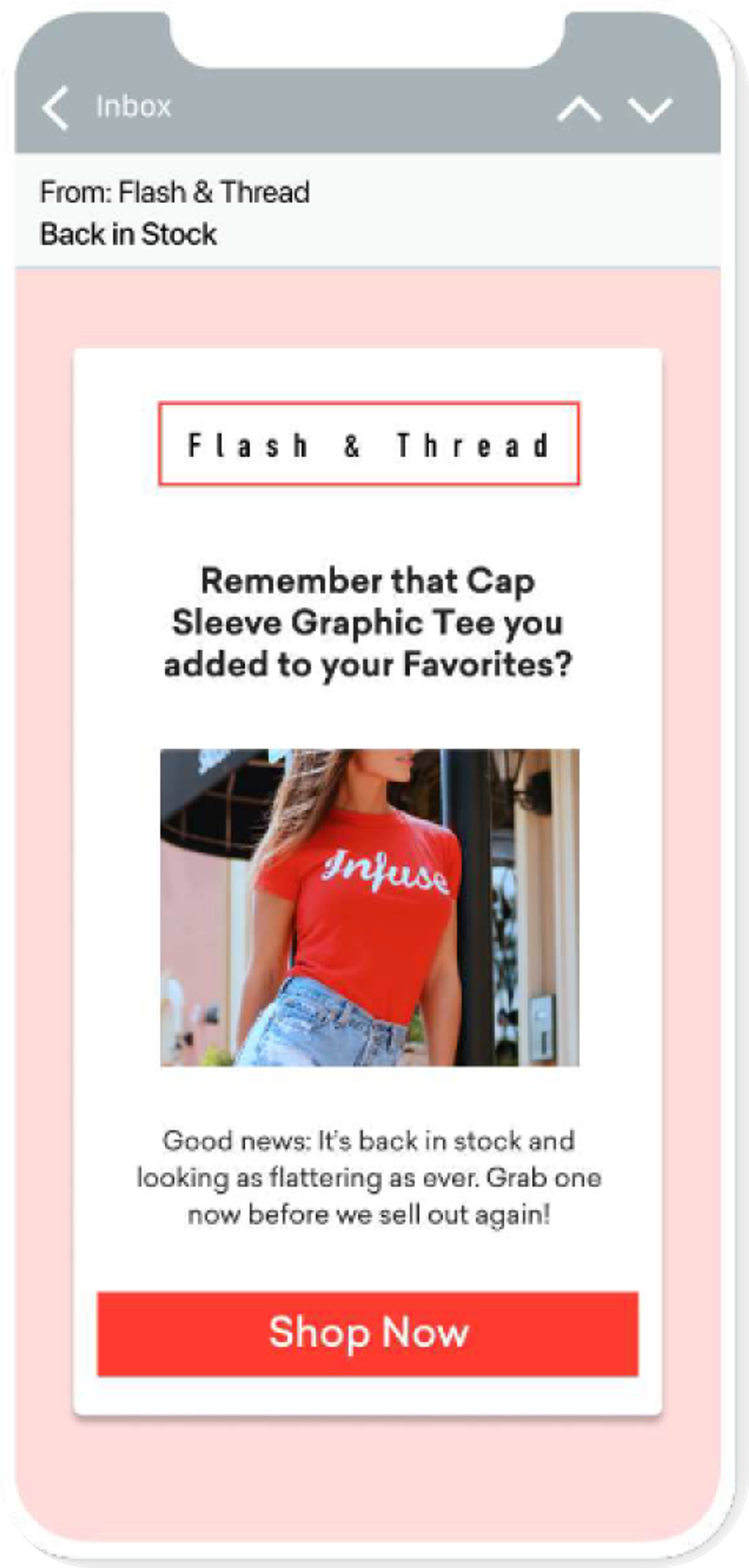 an iphone screen displaying an email from flash and thread with a picture of a stylish woman. the email reads remember that cap sleeve graphic tee you added to your favorites?