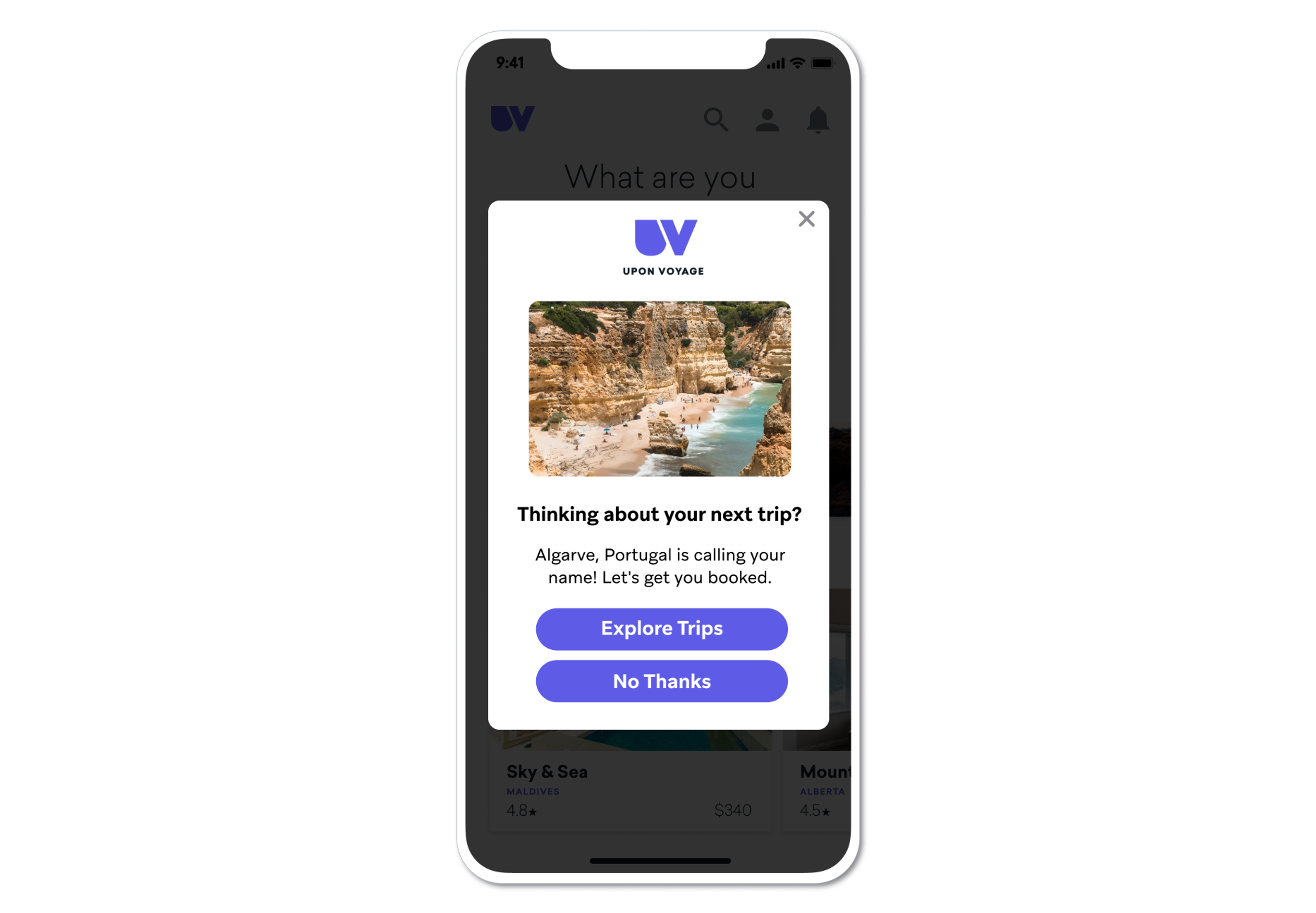 A travel brand wants to recommend the next best trip location to their customers based on their travel preferences. For example, a customer who identified they like surfing and golf, might receive an in-app message recommendation for Algarve, Portugal. 