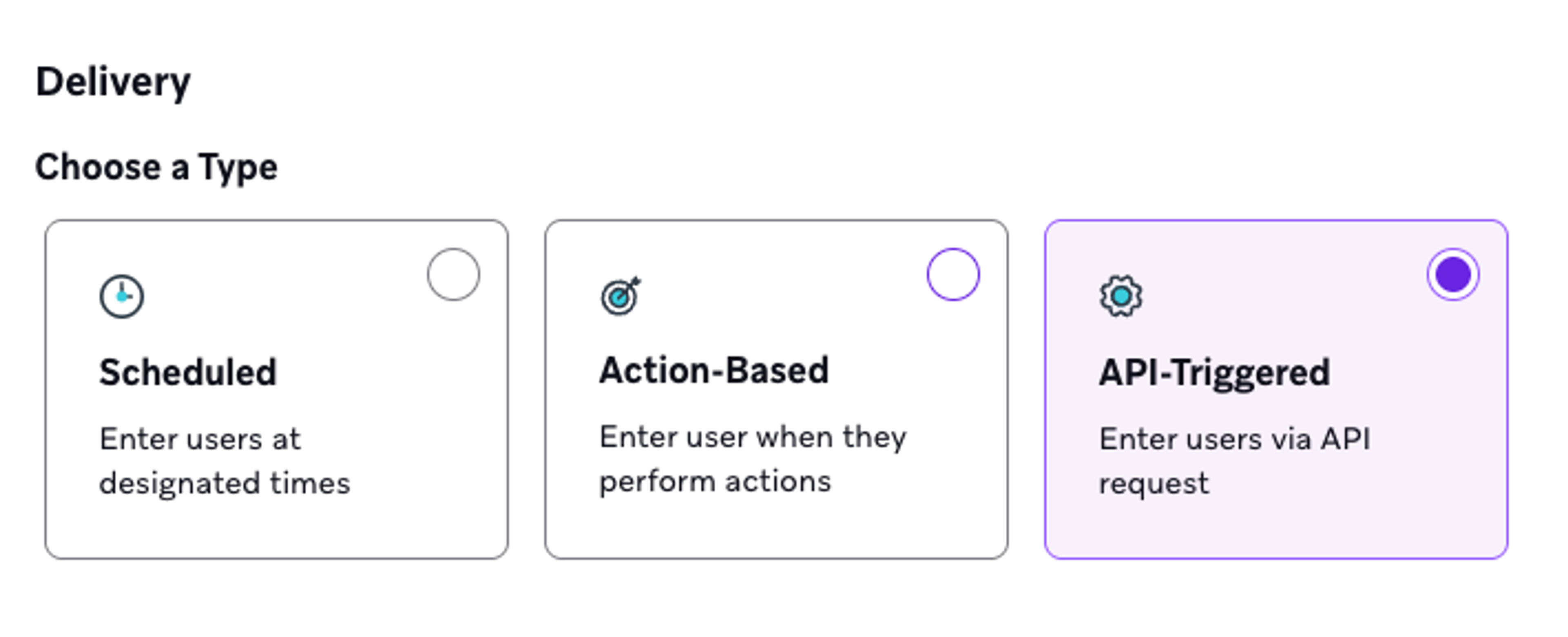 Campaign creation screen showing the choice of being API-triggered for delivery.