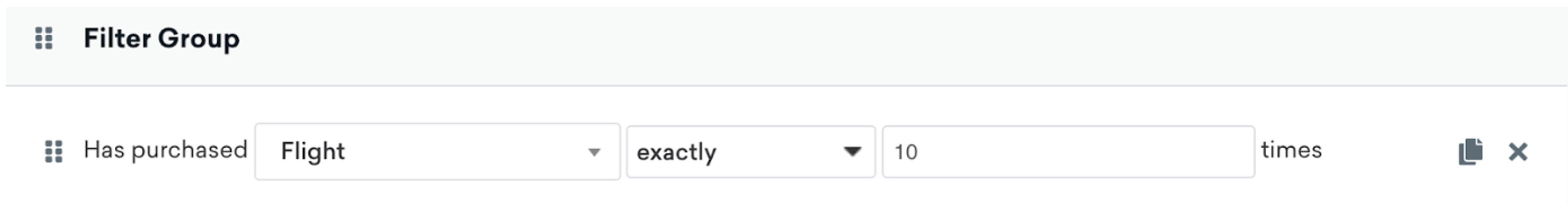 a screen shot of the braze segment builder with the text filter group: has purchased flight exactly 10 times.
