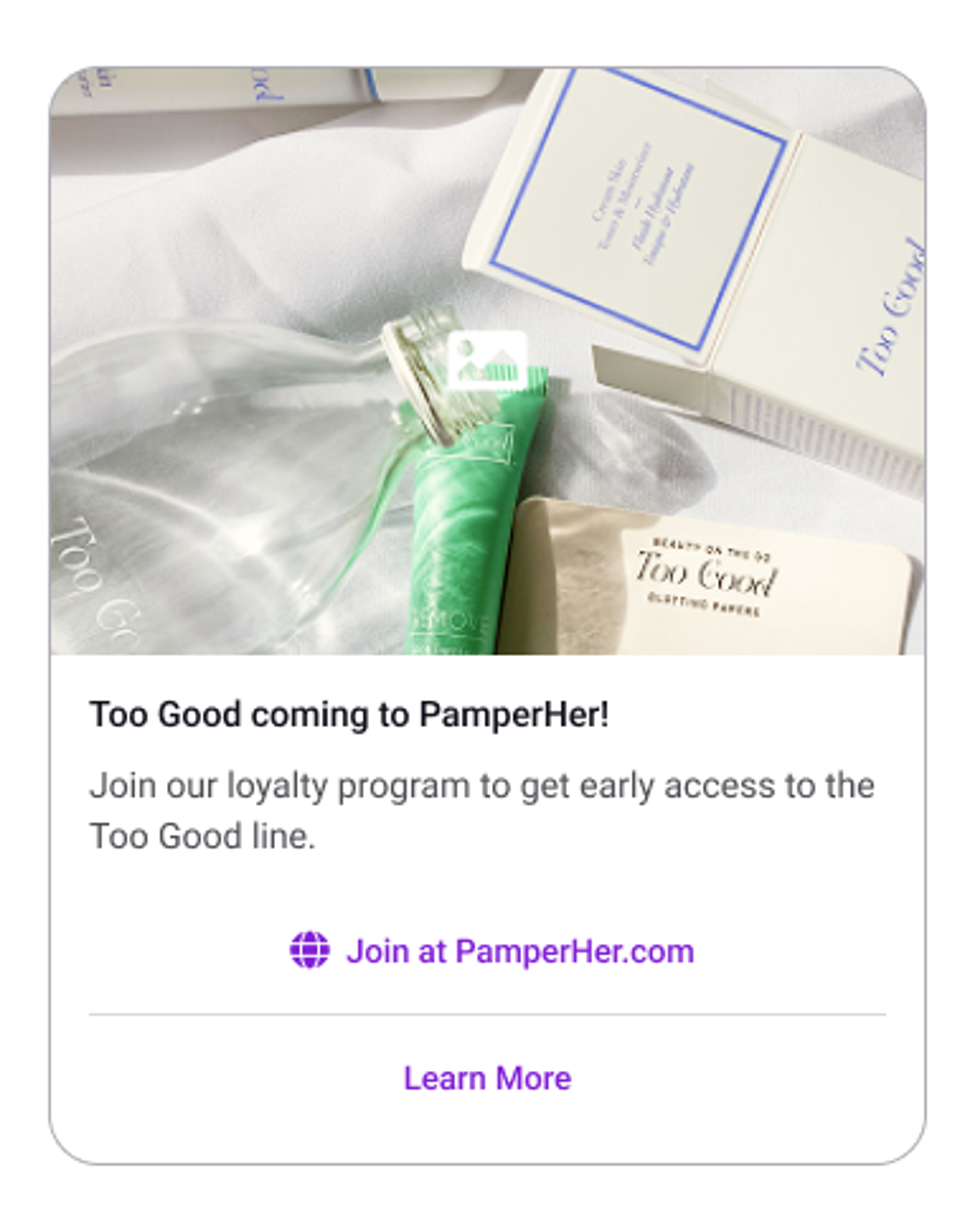 A rich card RCS message from the brand "Too Good". It includes an image, and two links.