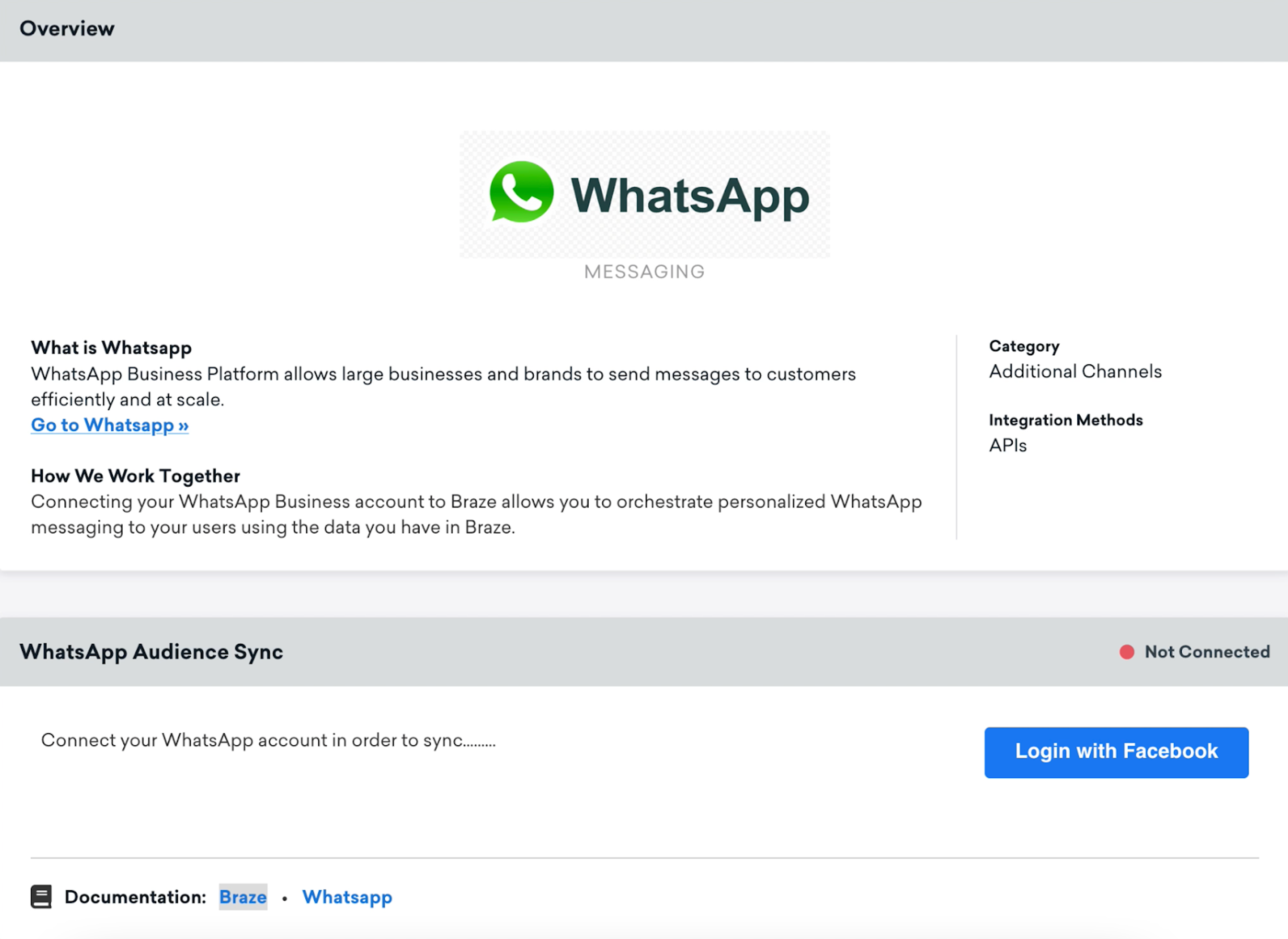 Página de parceiro do WhatsApp no painel da Braze