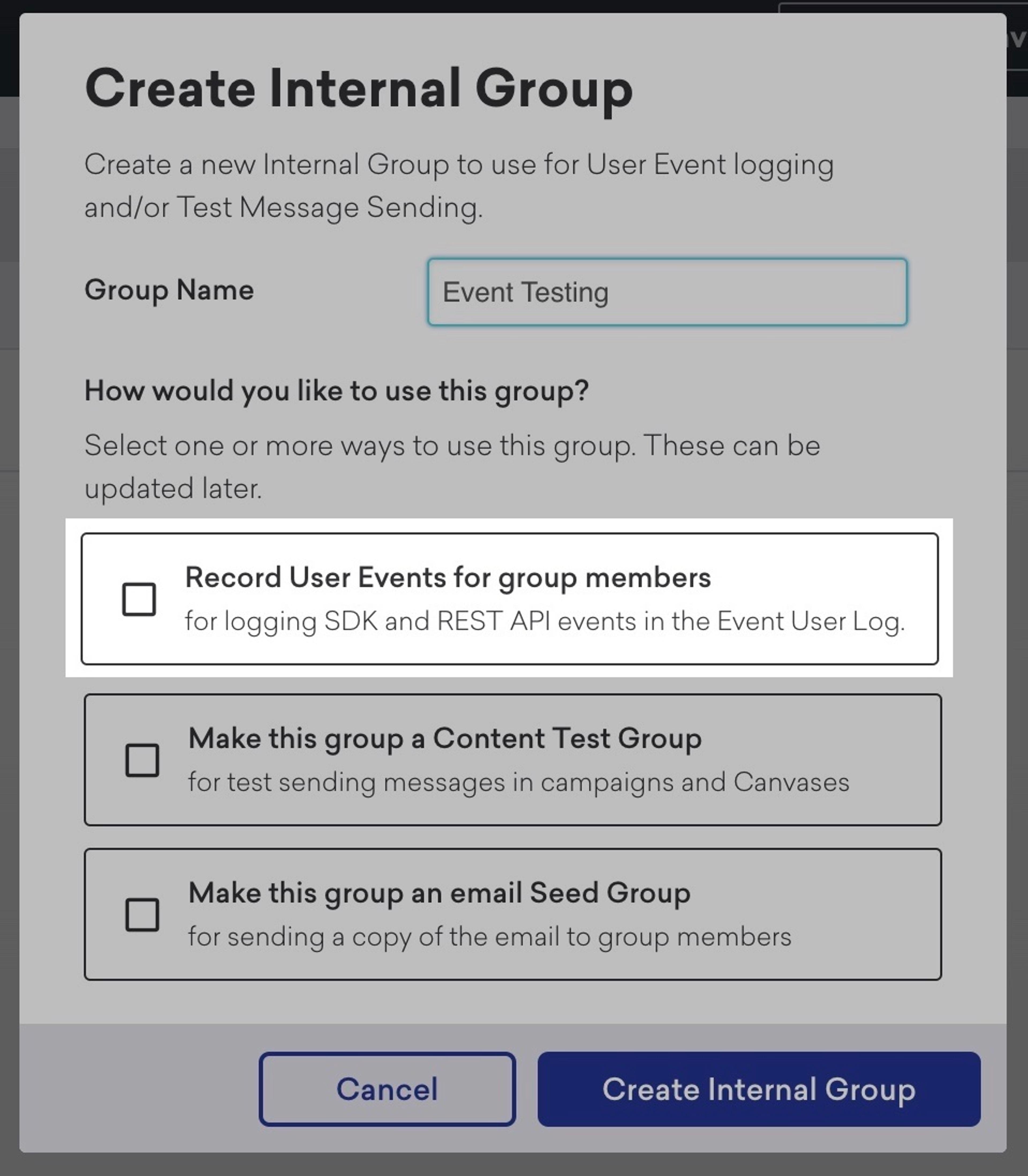 Event testing dialog, highlighting the Record User Event option