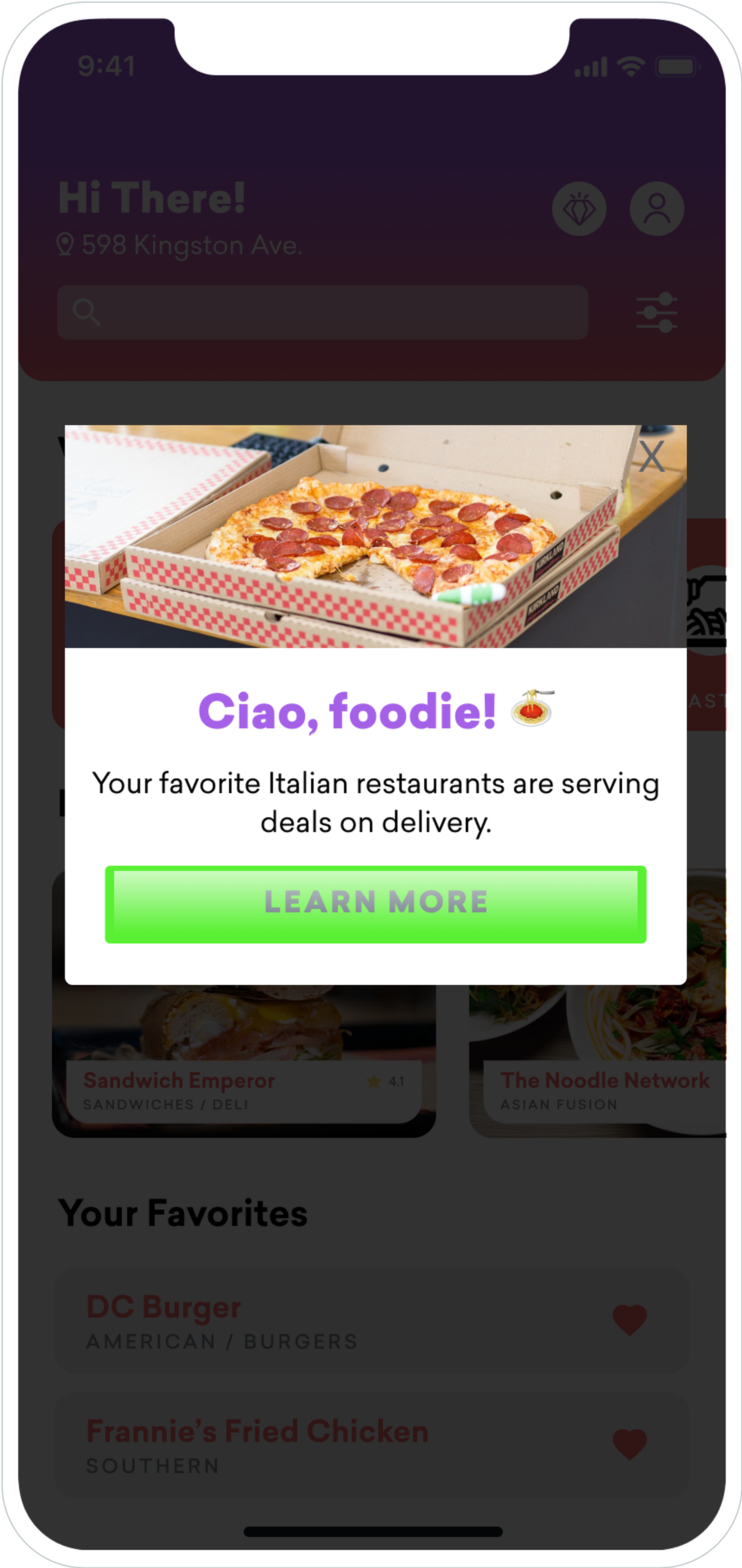 a smartphone screen with an in app message that reads: "Ciao, foodie! your favorite italian restaurants are serving up deals on delivery". a button under the message says "learn more"