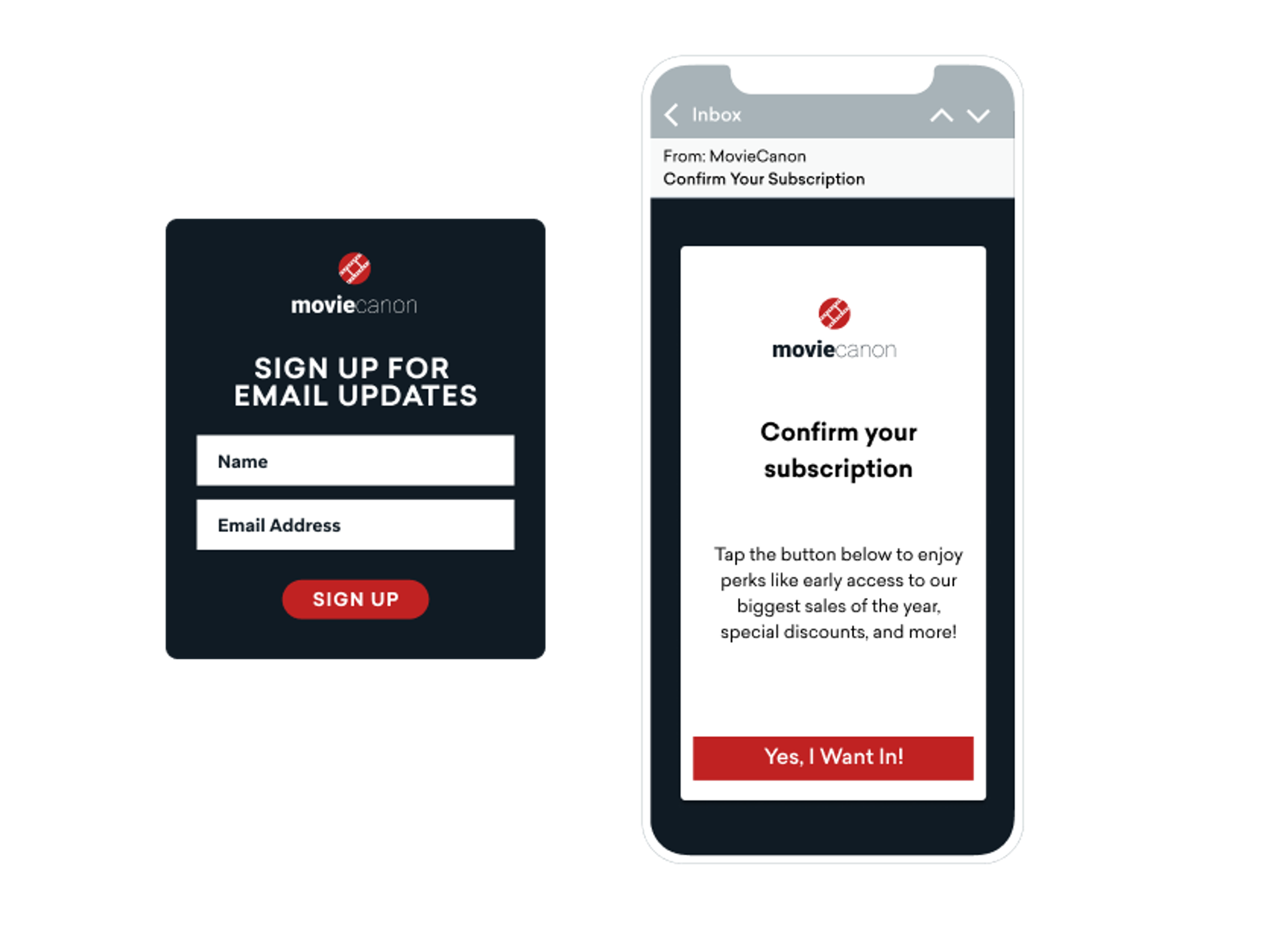 A streaming service uses a double opt-in flow with an In-App Message to encourage users to sign up for email updates, then follows up with a confirmation email.
