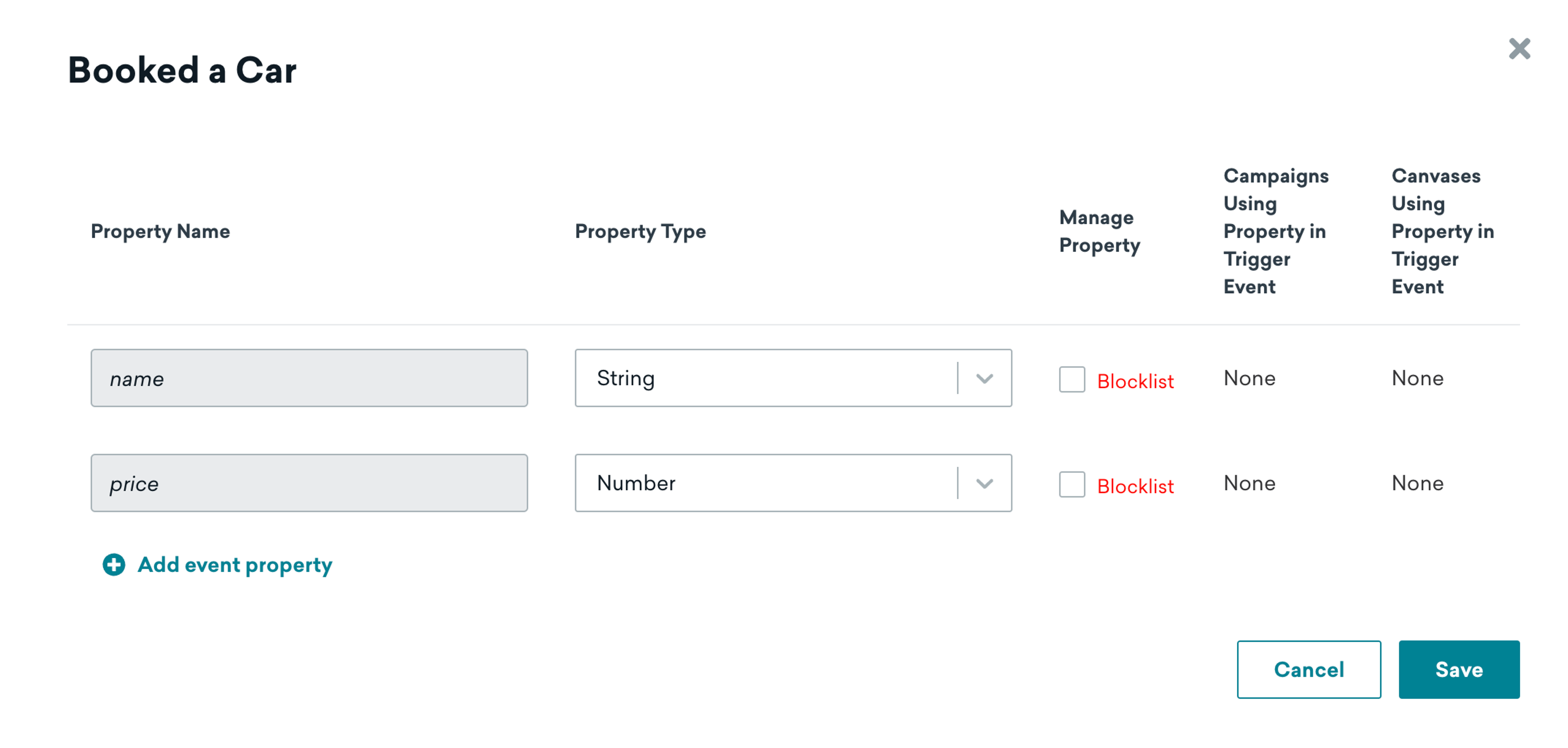 Dialog box for the "Booked a Car" custom event showing its custom event properties, "name" and "price"