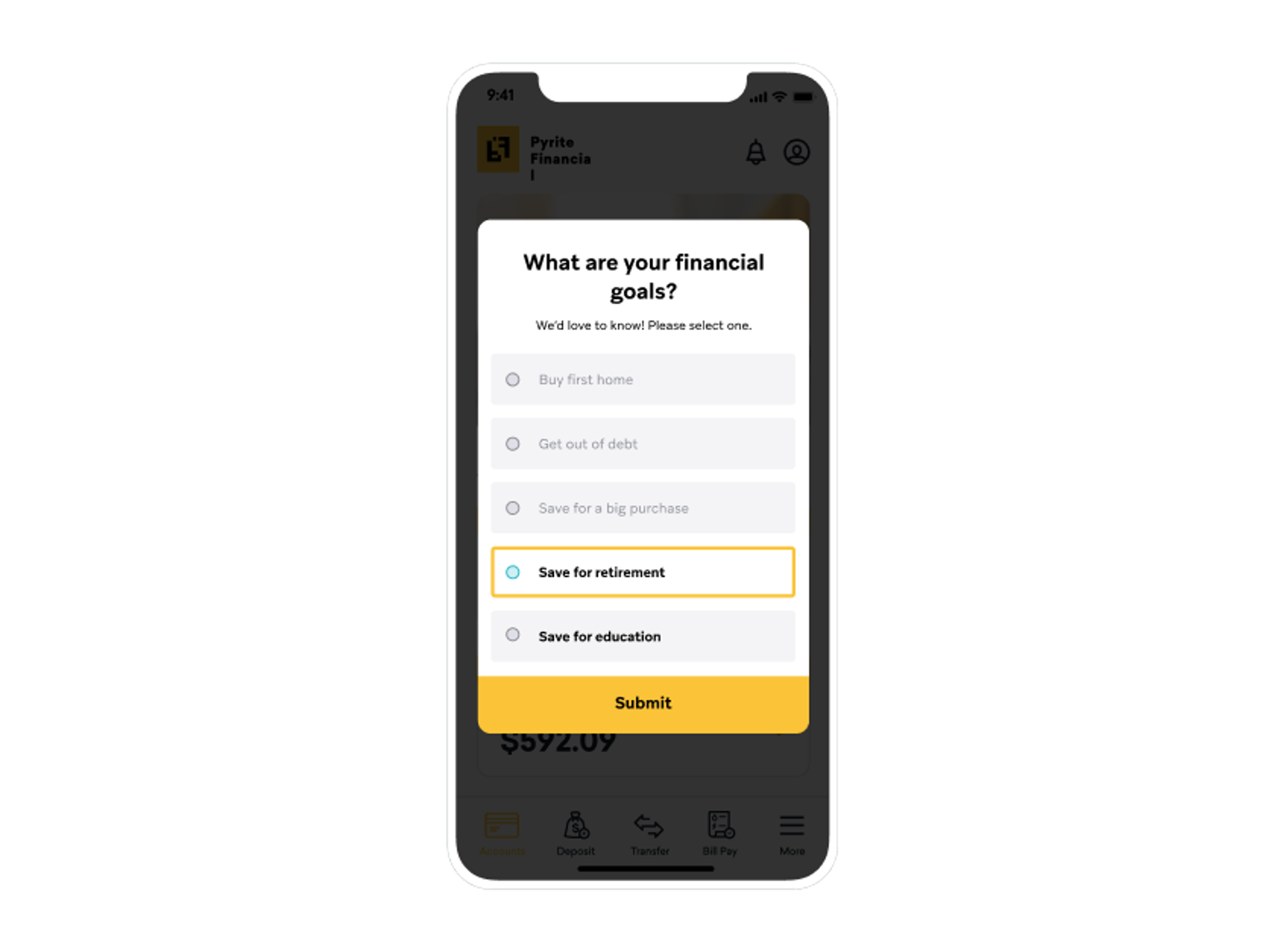 PyriteFinancial, uma marca de serviços financeiros, pergunta aos clientes quais são seus objetivos financeiros para poder enviar mensagens que mais ressoem com eles.