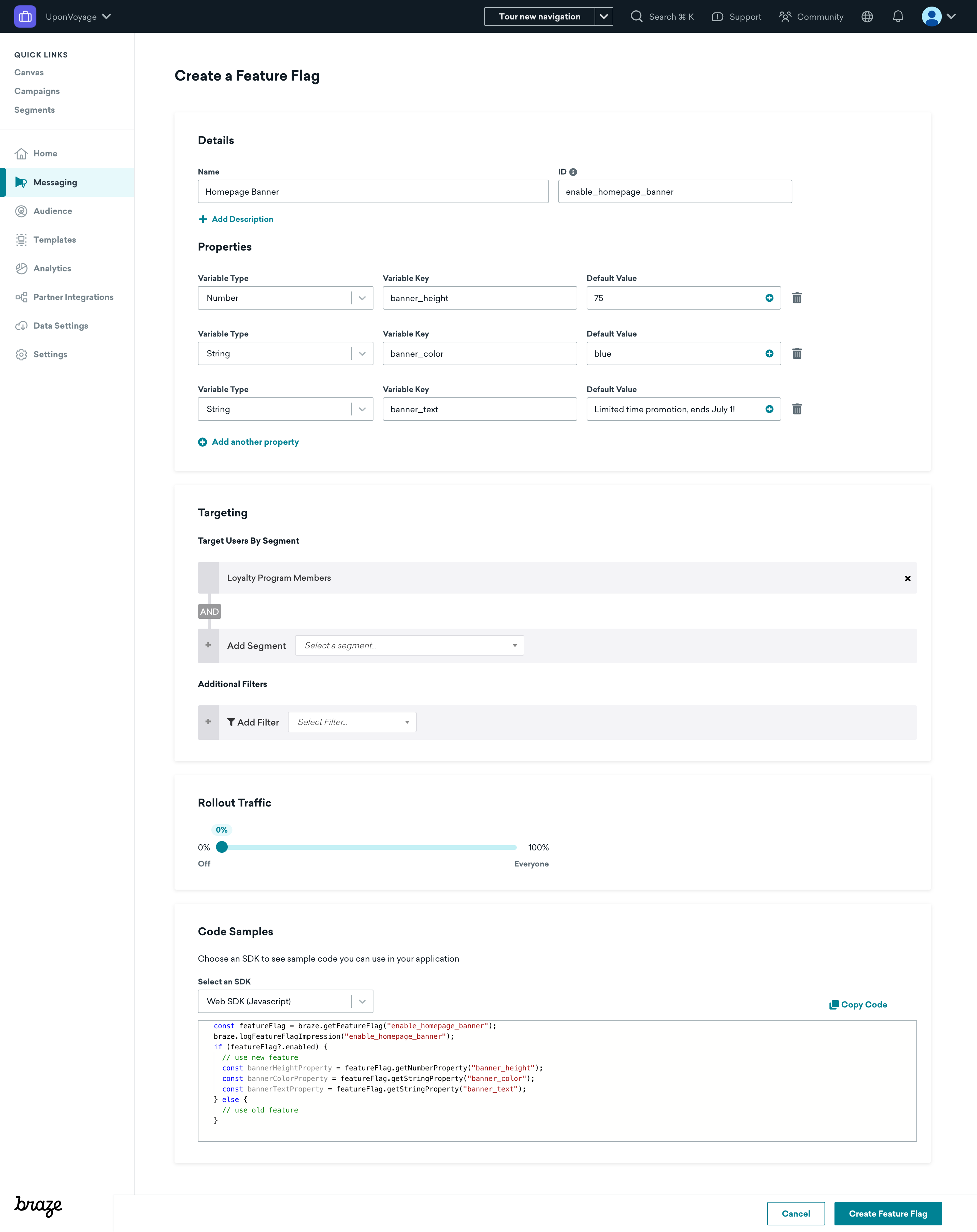 Feature flag creation screen in the Braze dashboard