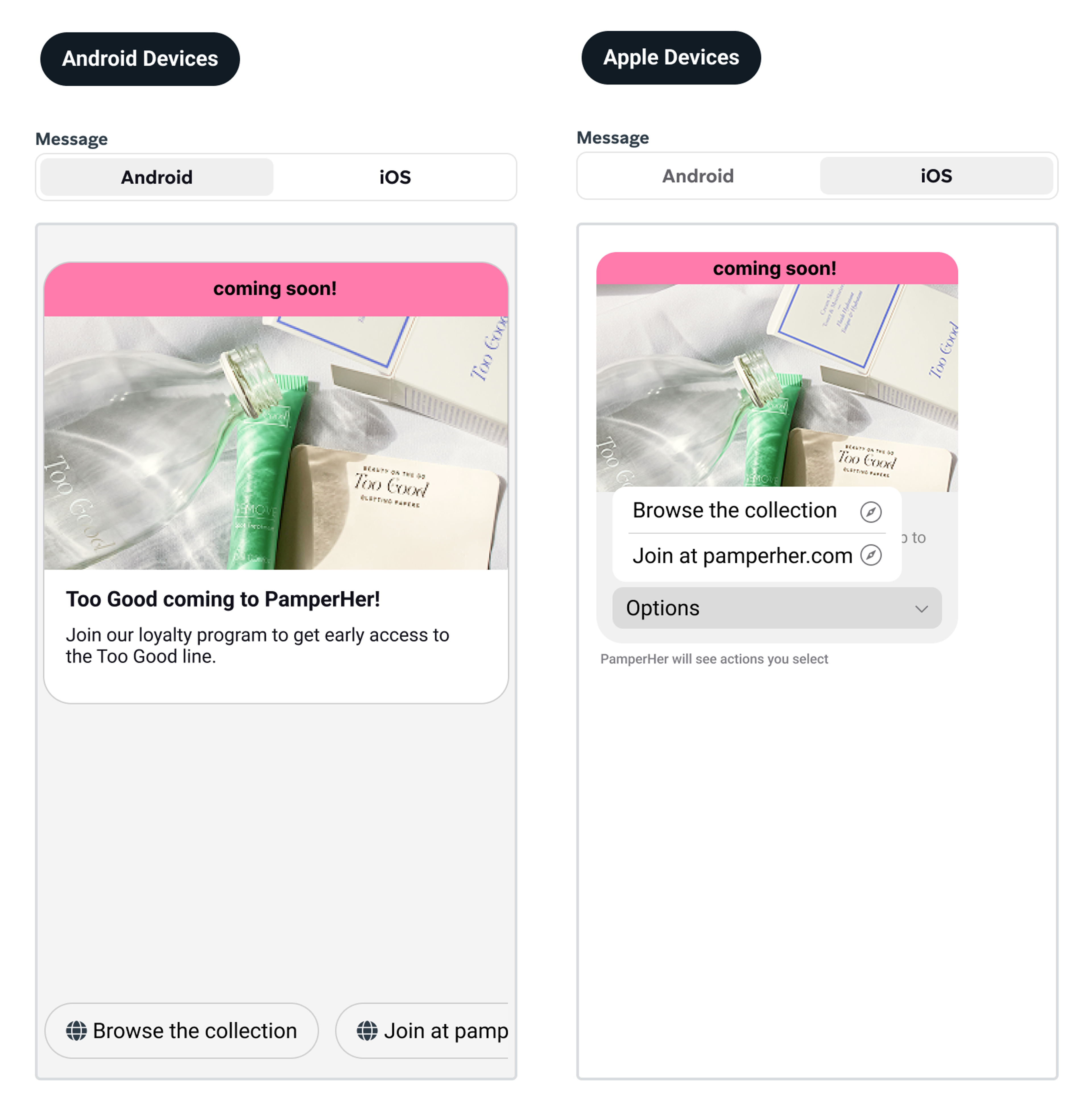 A side-by-side of the same rich card message in an Android interface and an iOS interface