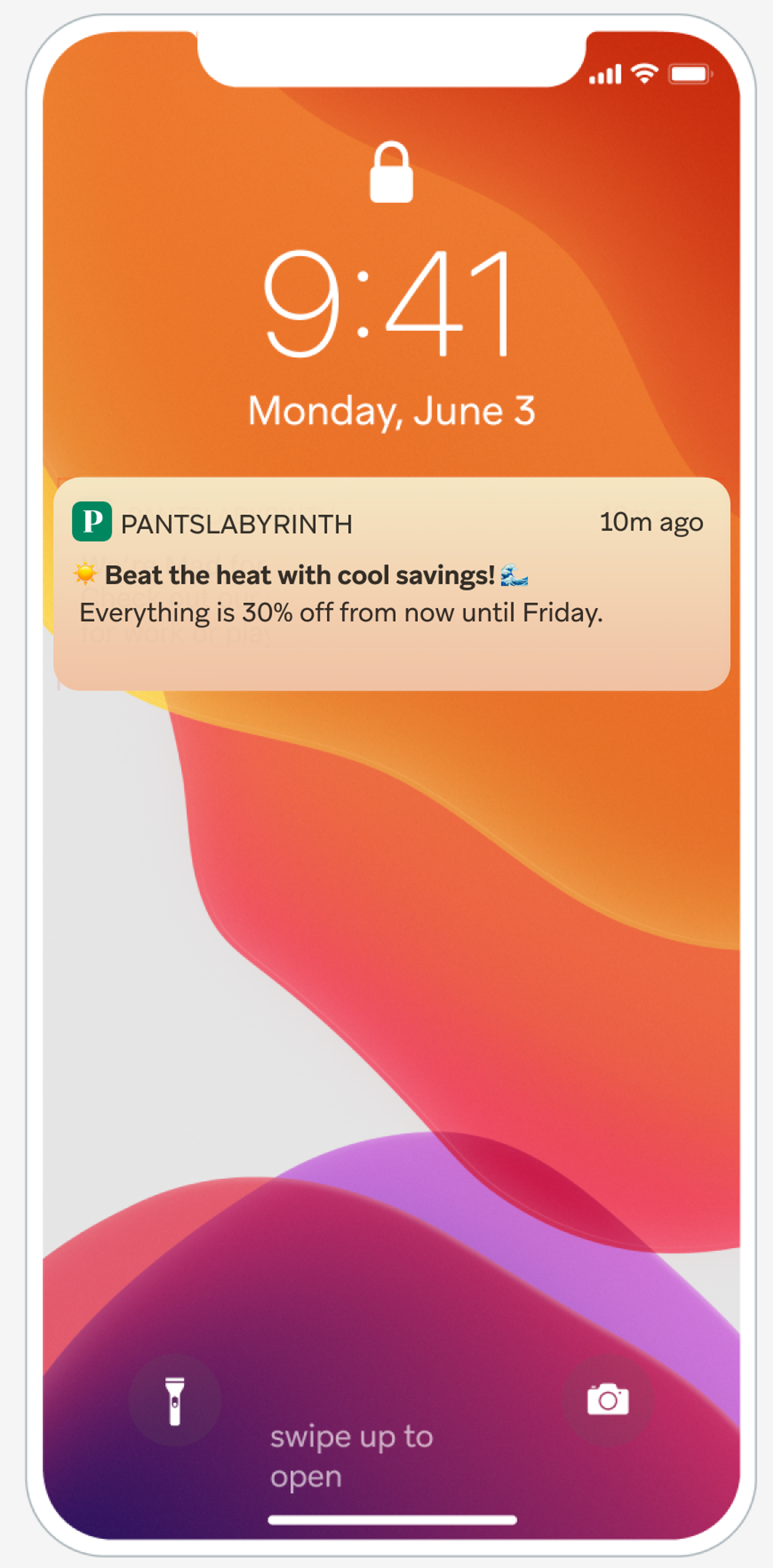 push notification from pantslabyrinth that says "beat the heat with cool savings!"