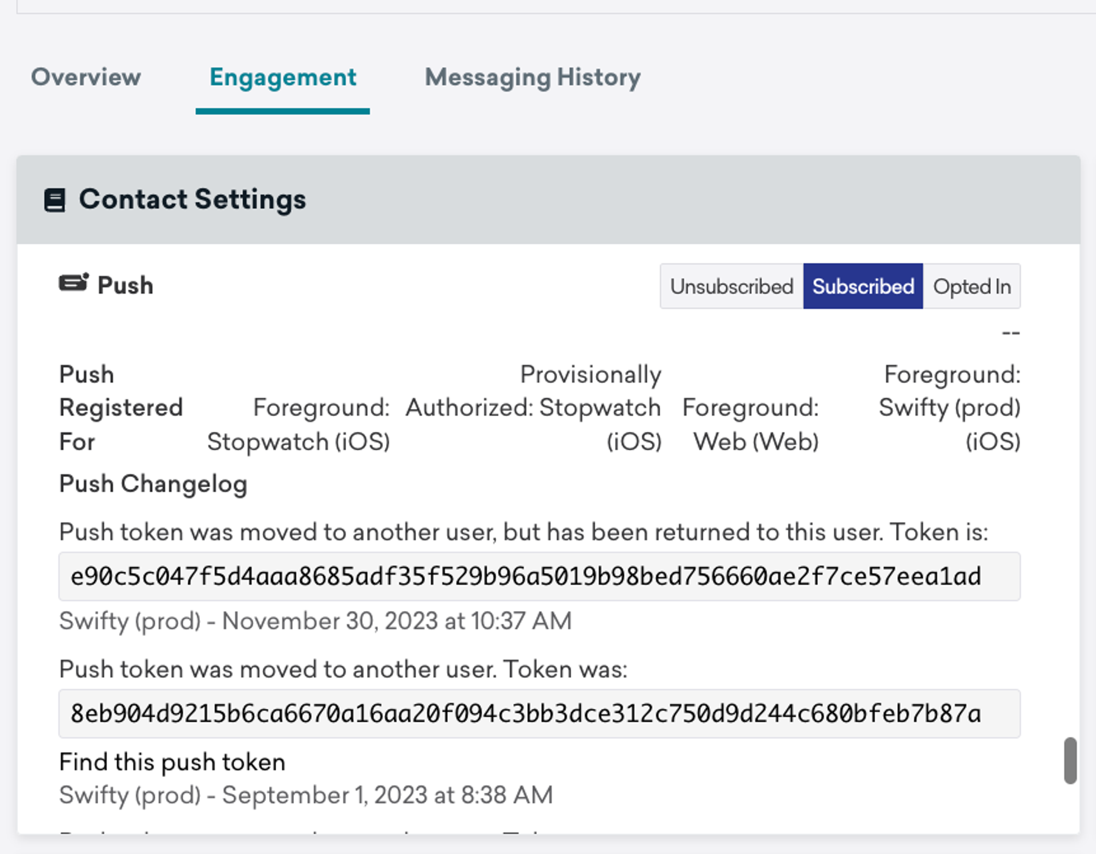 Contact settings section of the dashboard showing that the push token has moved to different users and then been returned to their profile. 