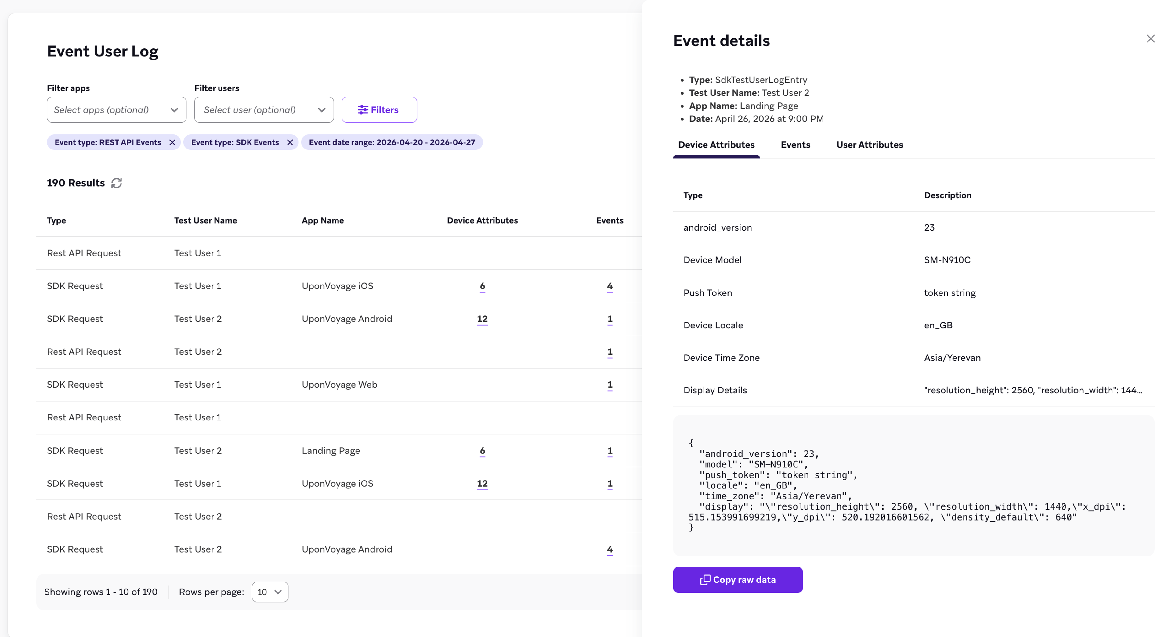 Event details are displayed for a specific test event within the Event User Log page.
