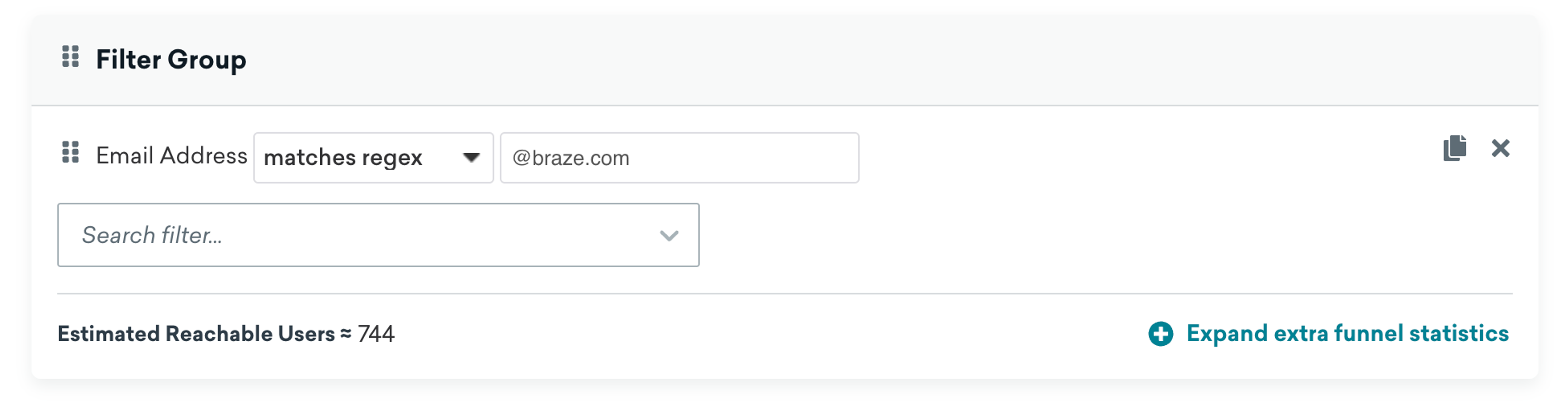 Segment tool showing the email address filter