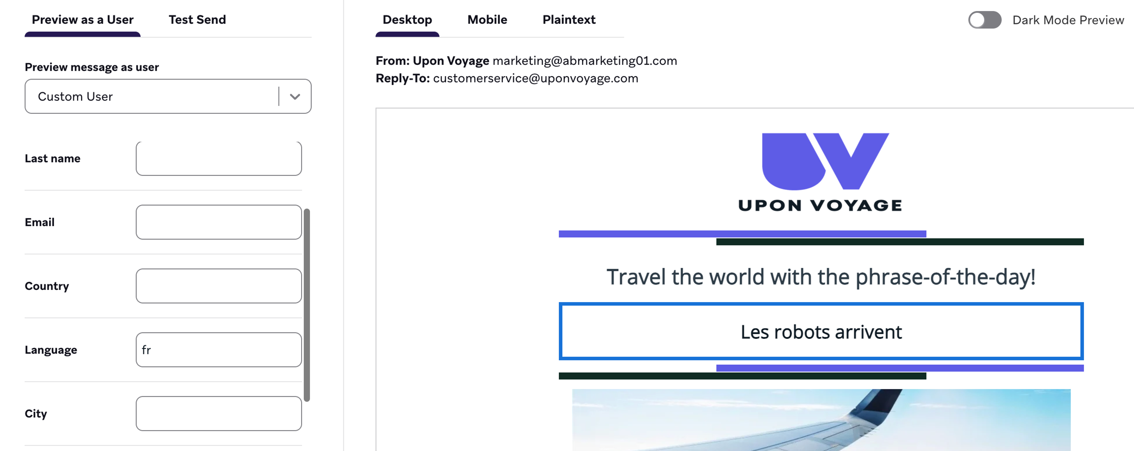 Rendered version of the email next to the Custom User dialog with Language set to "fr", showing the French translation in the email. 