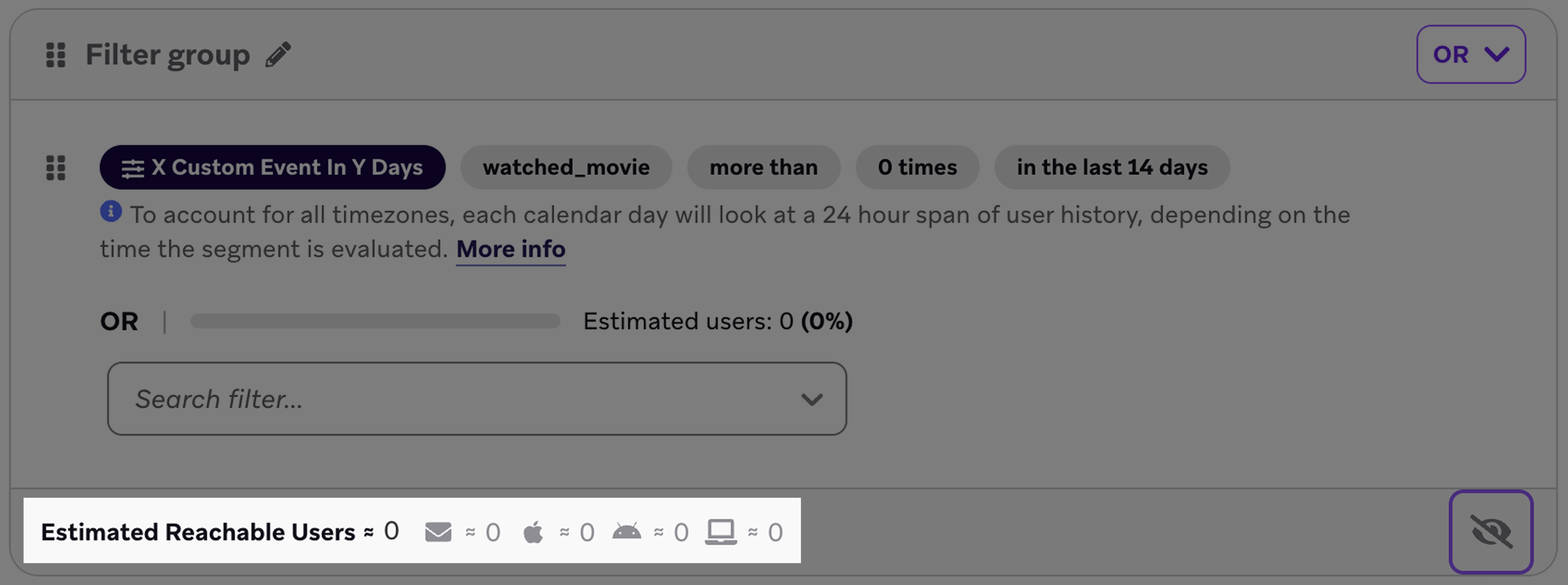 A close up of expanded funnel statistics for a filter group.