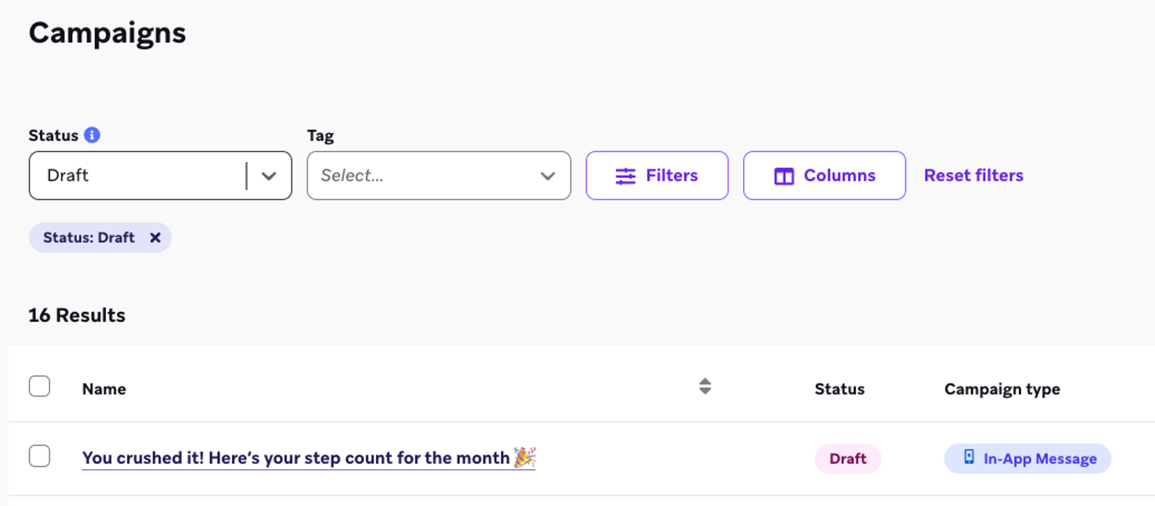 Use the status filter to view your draft campaigns.