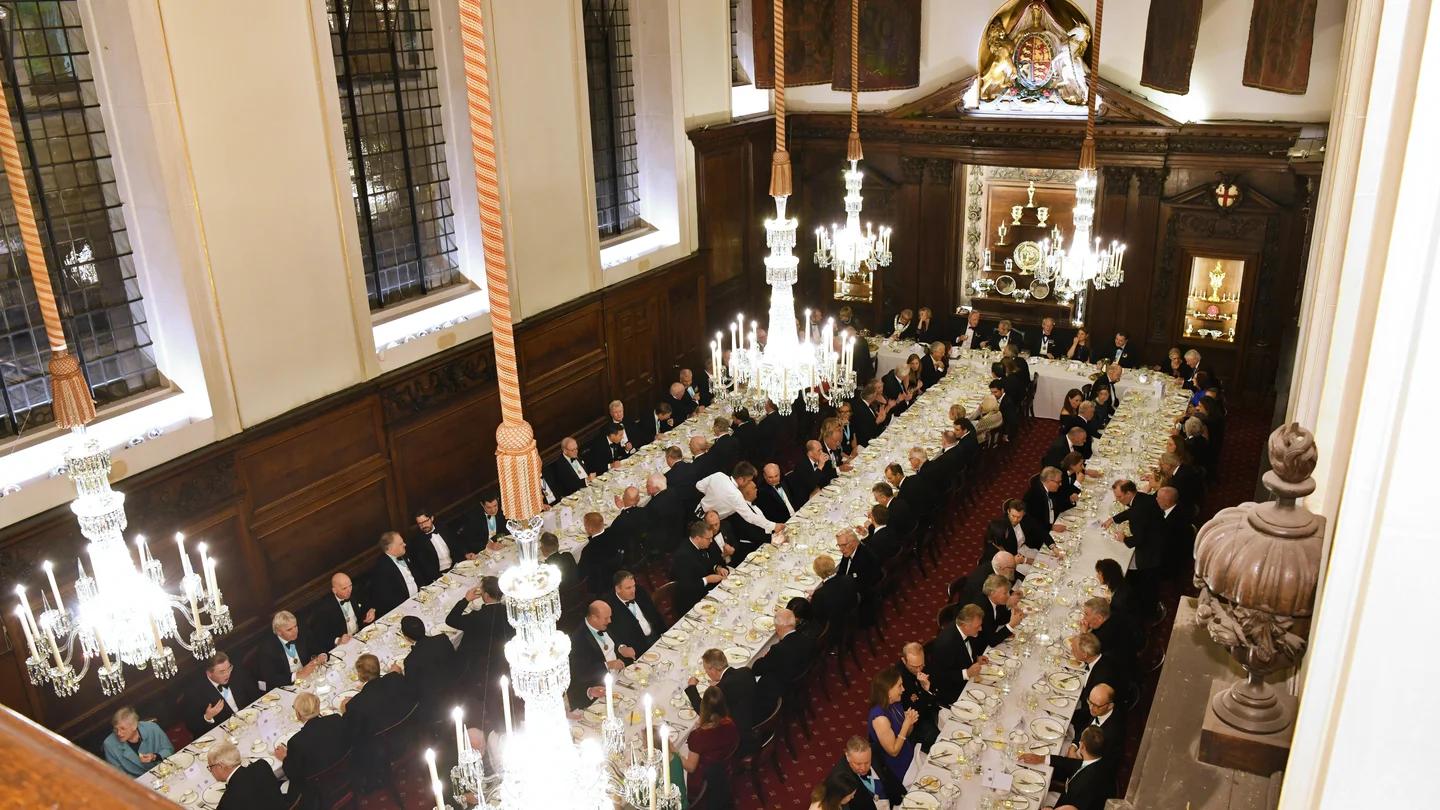 Dinner tables laid out in Vintners’ Hall.