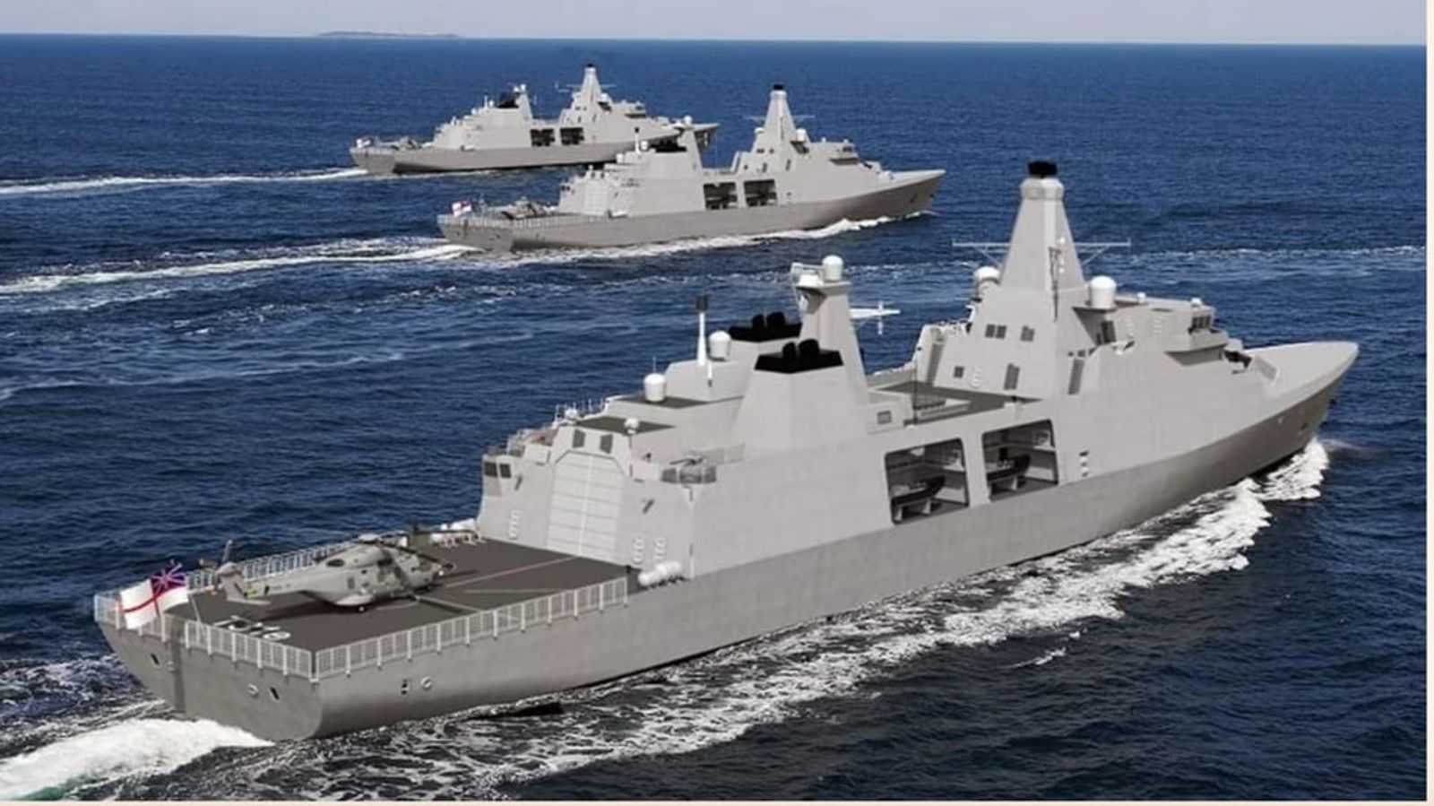 A rendering of HMS Campbeltown, a Type 31 frigate, at sea with two sister ships and a helicopter on the flight deck.