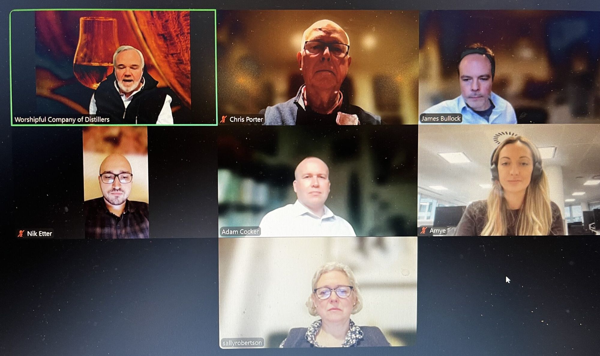 A Zoom grid from a New Members’ Briefing, showing the Worshipful Company of Distillers, Chris Porter and other participants