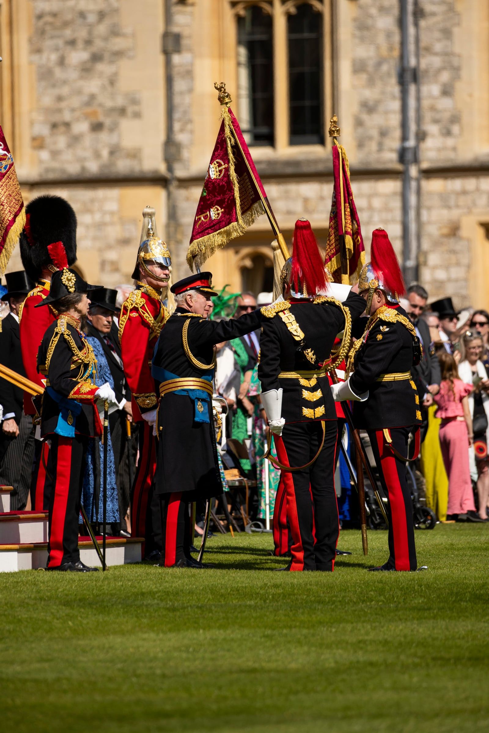 Household Cavalry soldiers in ceremonial dress at a Presentation of Standards.