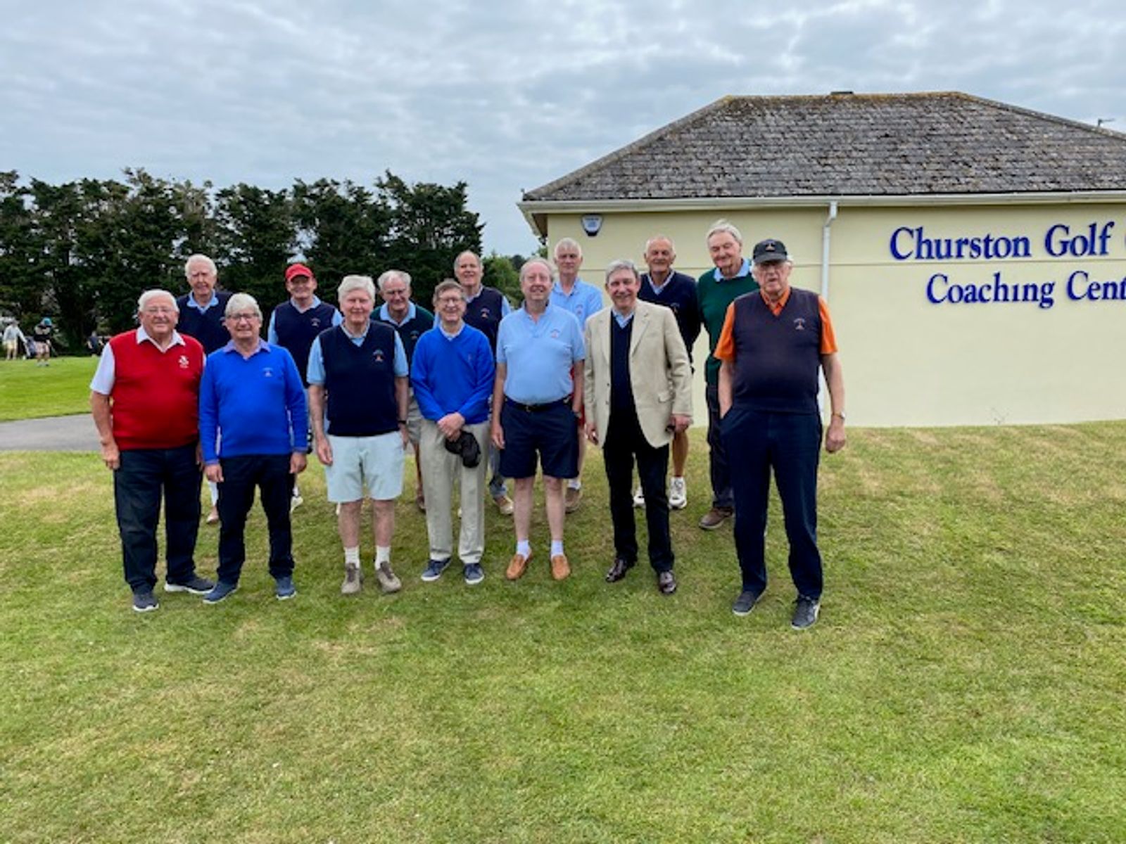 Members of the Distillers’ Golf Society on the lawn outside the Churston Golf Coaching Centre.