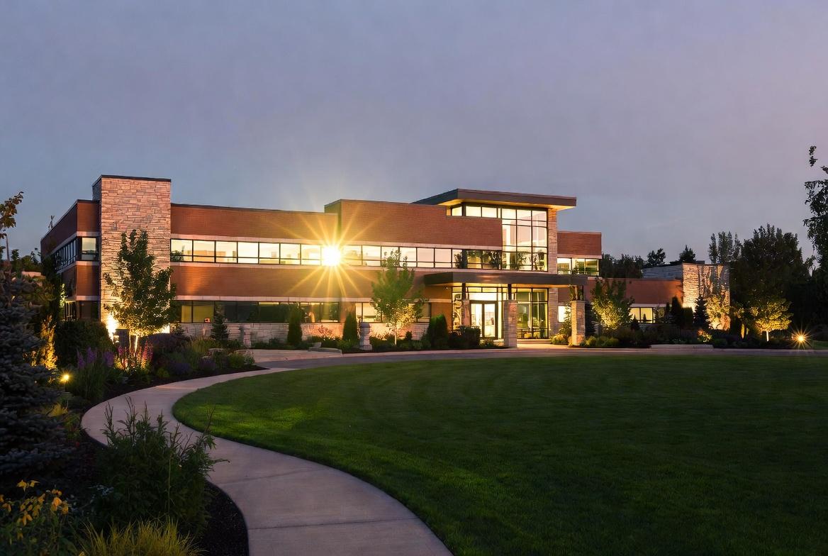 A commercial building professionally landscaped