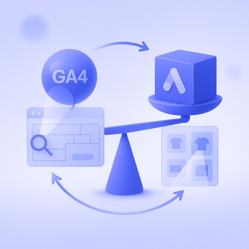GA4 の分析画面と Google 広告の成果画面が連携してコンバージョンデータを共有しているイメージ