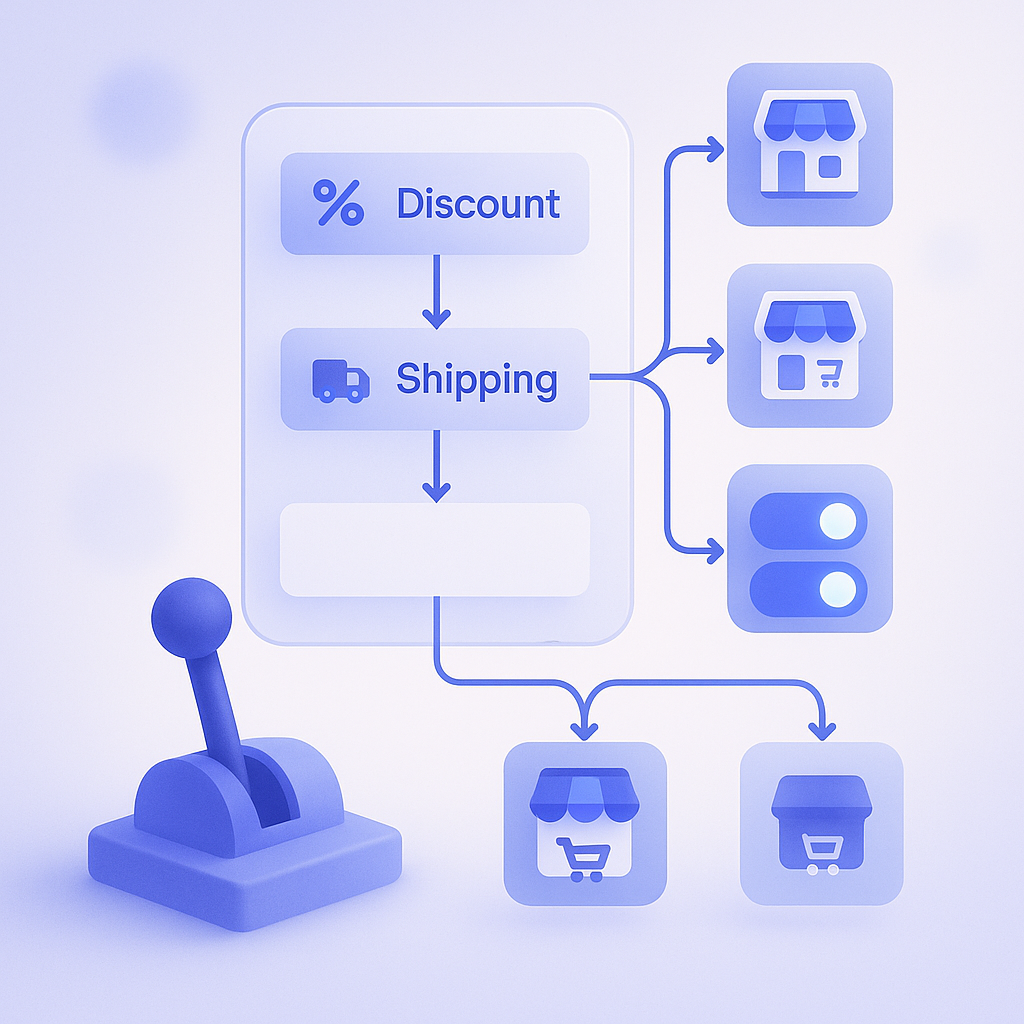 Diagram showing automatic discount and shipping rules being applied to items in a shopping cart