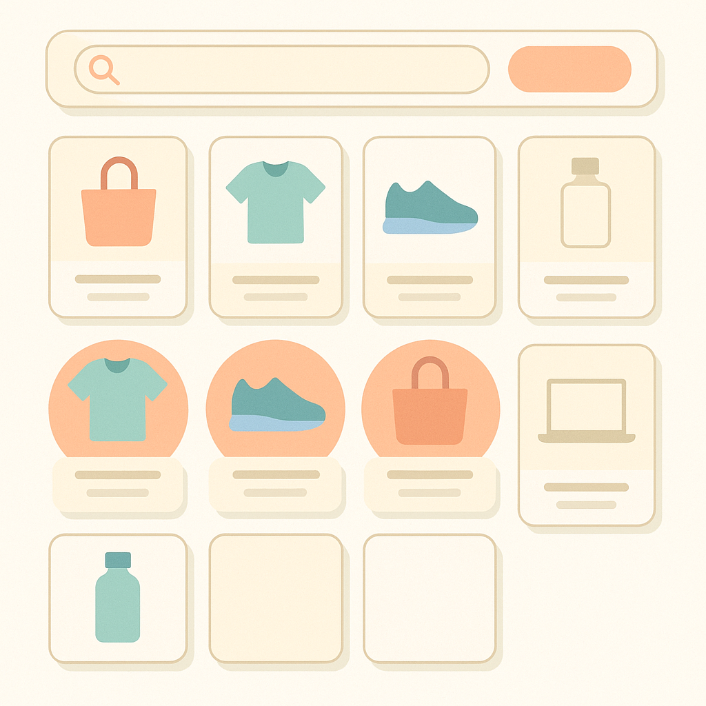 Layout example of a search results list where a single row of recommended products is inserted among standard search results