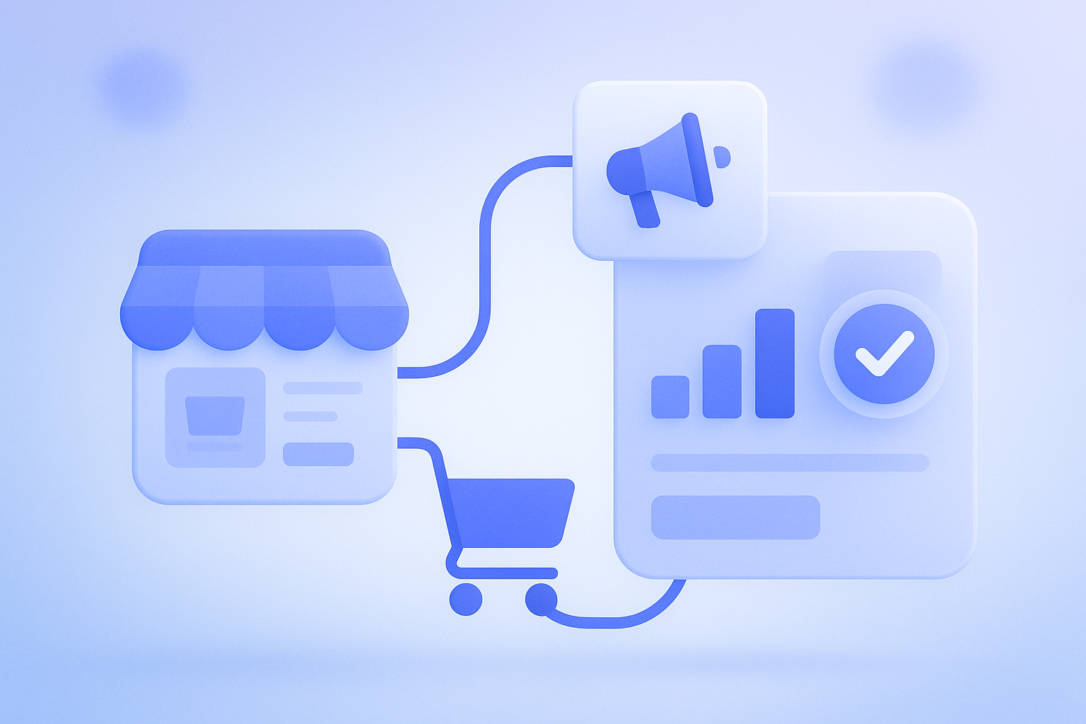 Shopify ストアと Google 広告の管理画面が接続され、購入コンバージョンが計測されているイメージ図