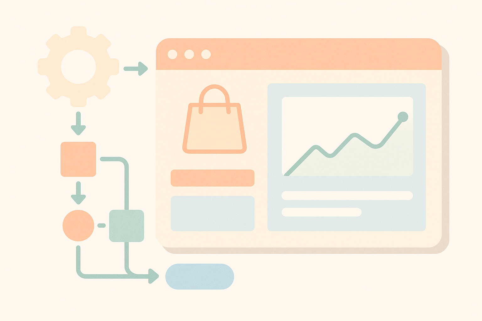 Shopify Flowで業務自動化をイメージした、オンラインストア管理画面とワークフローの抽象イラスト