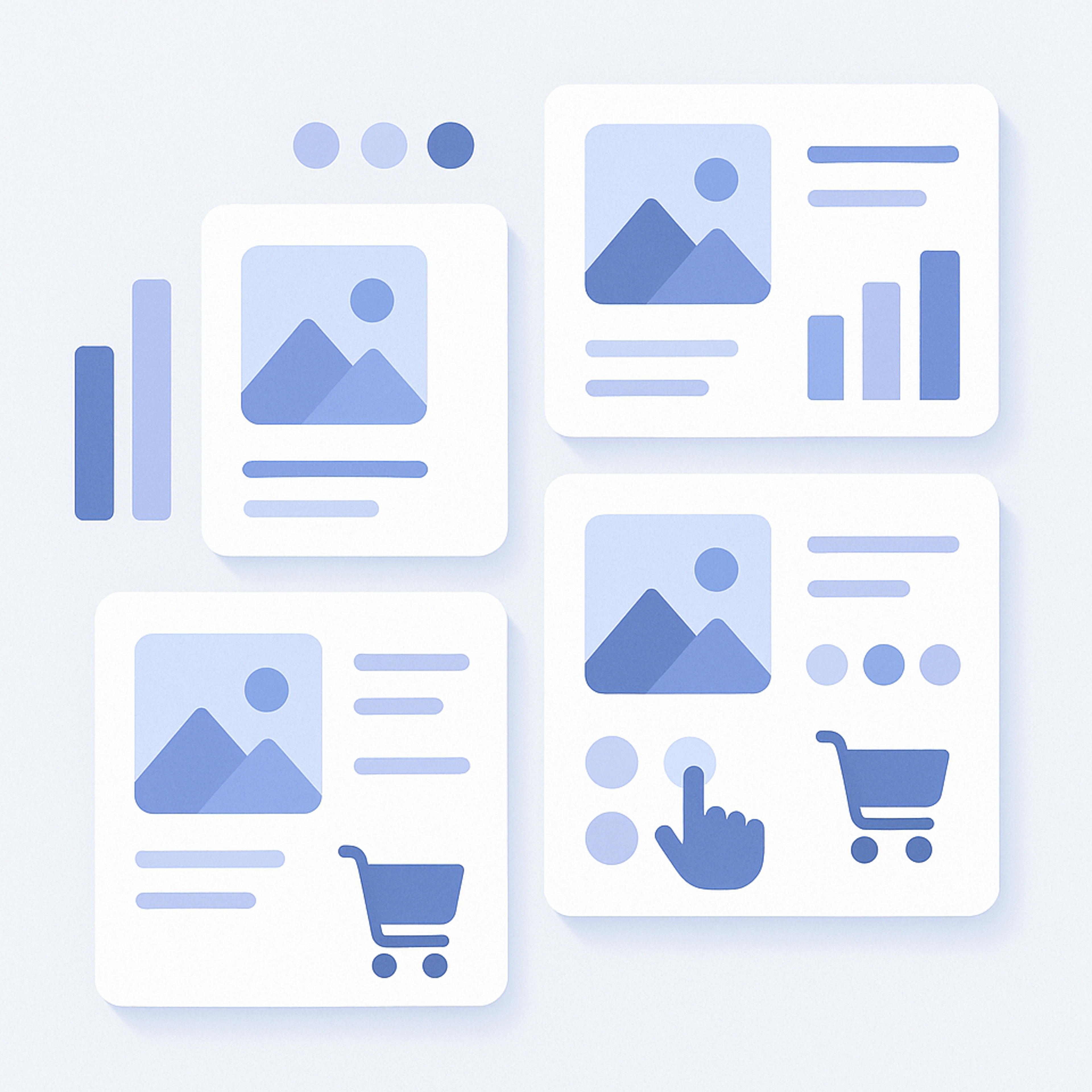 Abstract illustration of multiple recommendation placements each showing different levels of impressions, clicks, and add-to-cart performance